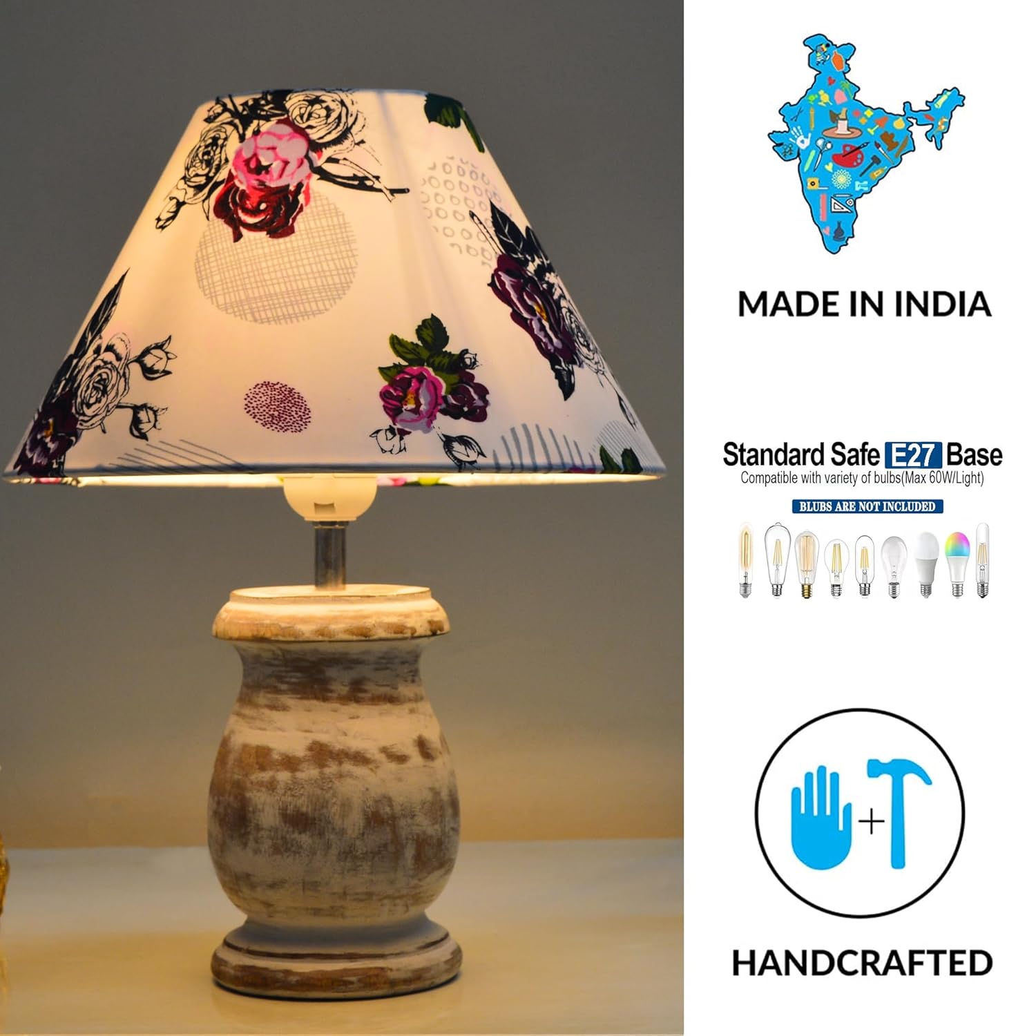 Dowel Antique White Mid Century Single Table Lamp for Living Room Farmhouse Linen Bedside Lamps for Bedroom Kids Room Dorm Office Rose