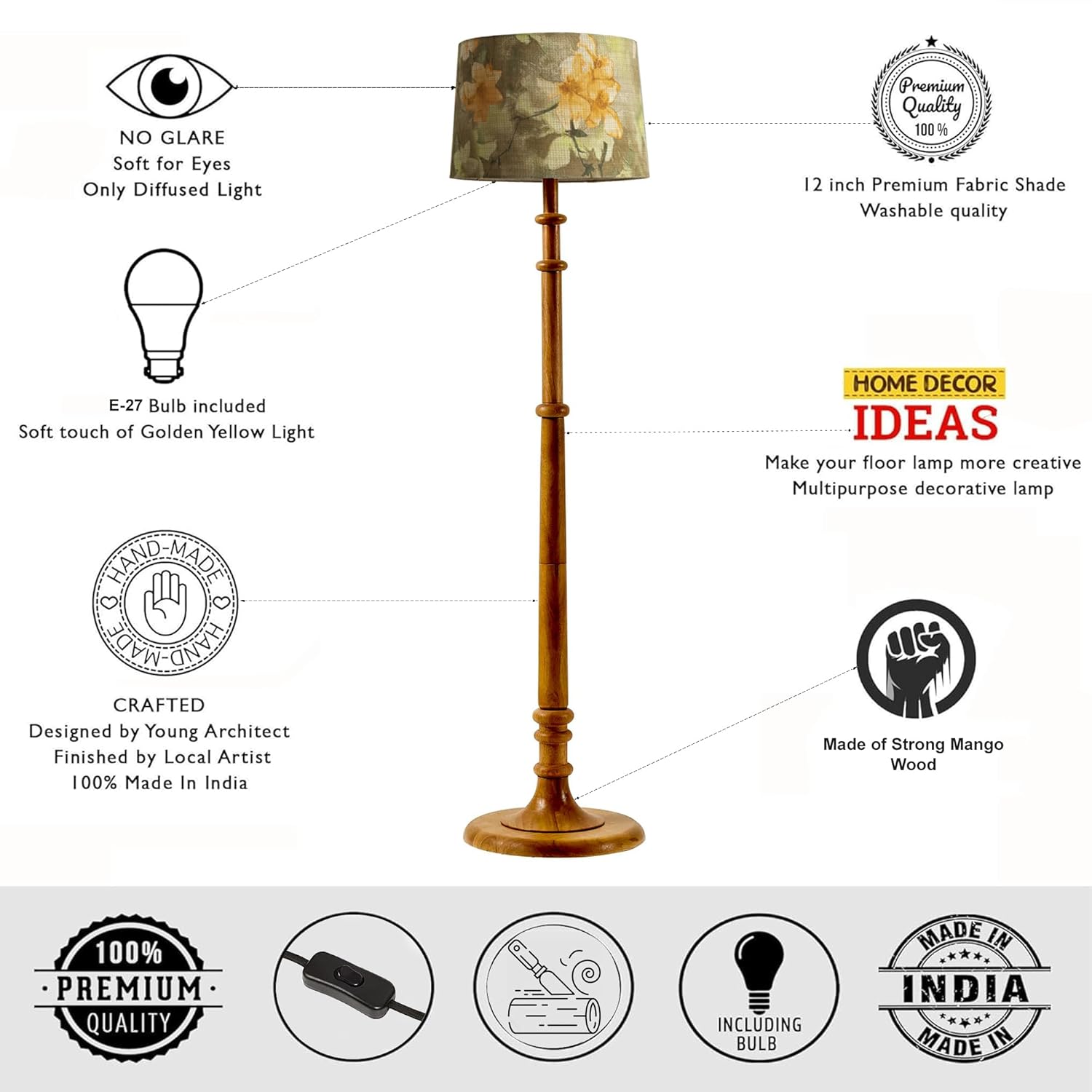 Decorcity Rustic Wood Floor LED Lamp in Walnut Brown,Multicolor Fabric Shade,Light Decoration,Home Corner, Living Room & Bedroom Bedside Floor Lamp, Antique Floor Light, Dome Base (Tulib Wild Meadow)