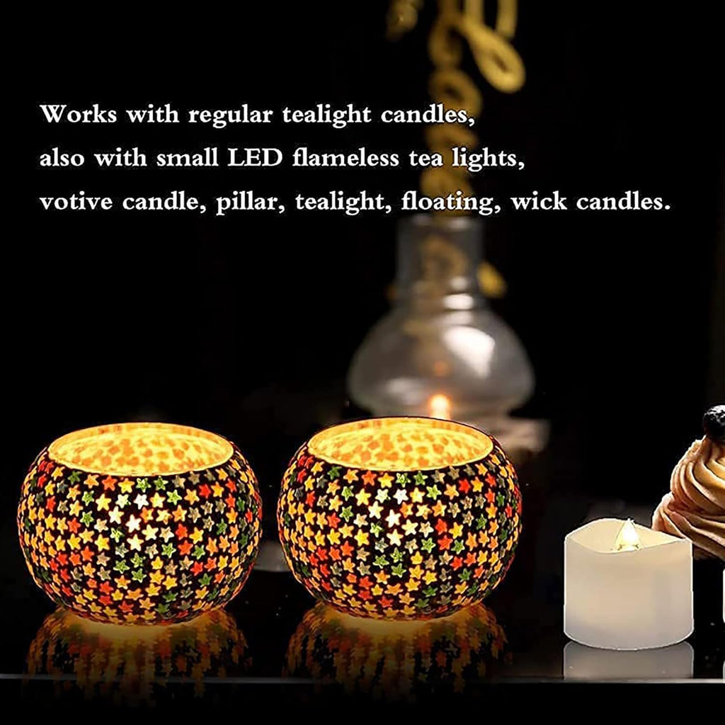 Handmade Multi-Star Mosaic Glass Tealight Candle Holders Set of 4 for Home Décor | Decorative Diwali Lights | Festive Table Centerpiece for Christmas & New Year