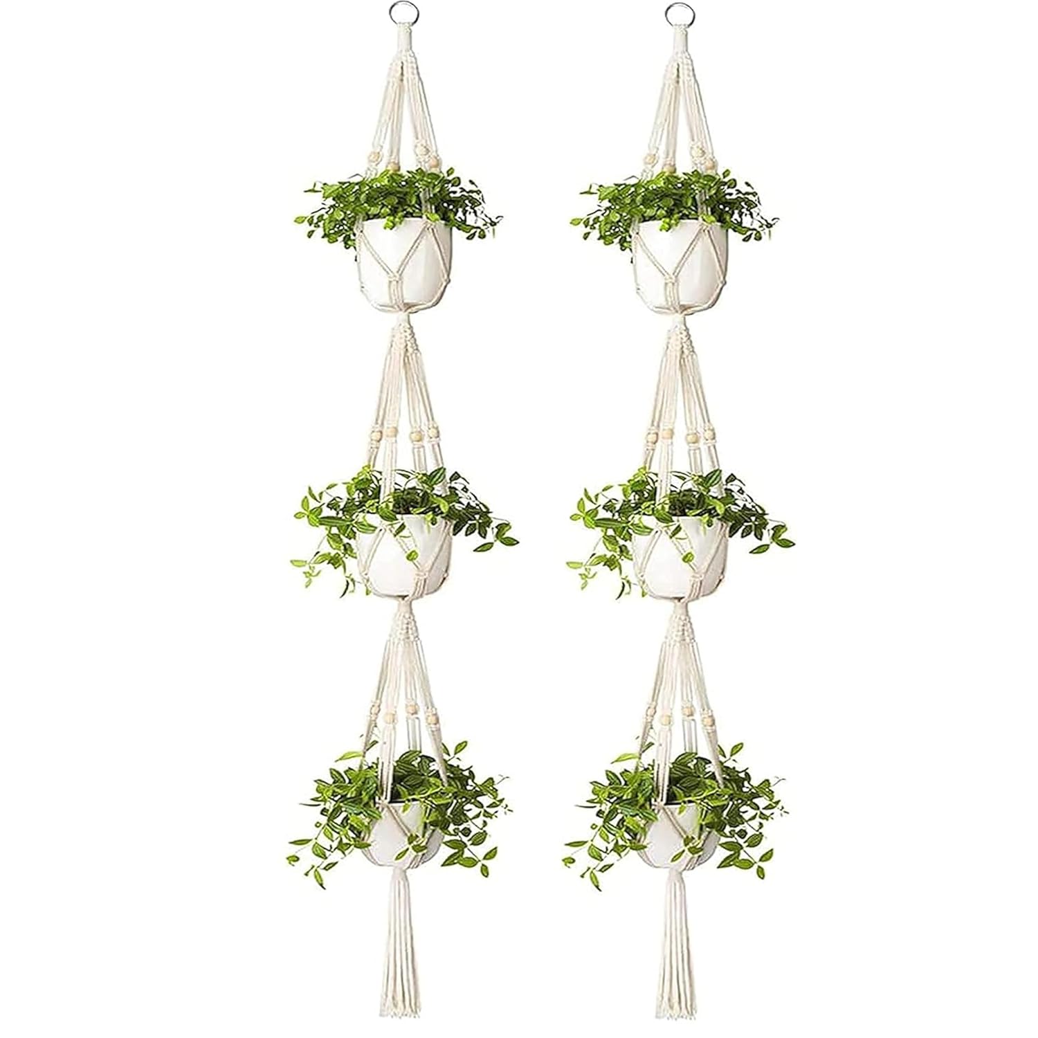 Macrame Plant Hanger 3 Tier Indoor Outdoor Hanging Planter Basket Cotton Rope with Beads 70 Inches 2 pack