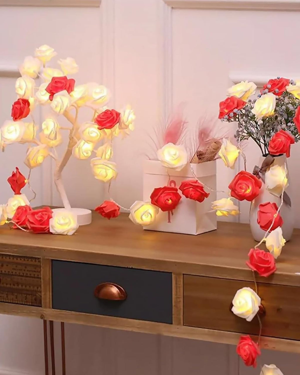 Rose Flower String Lights, 14 LED Electric Operated Romantic Rose Lights, 13Ft Artificial Flowers Garland Led Lights for Valentine's Day Wedding Indoor Outdoor Festival Party Decor Red White