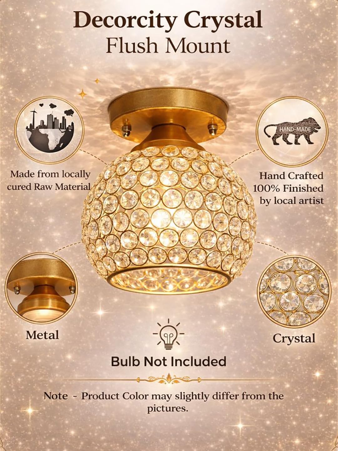 Modern Crystal Flush Mount Ceiling Light | Gold Finish Decorative Ceiling Lamp for Hallway, Bedroom, Living Room, Balcony & Foyer | Warm Light Home Decor Fixture (Hlag Globe)