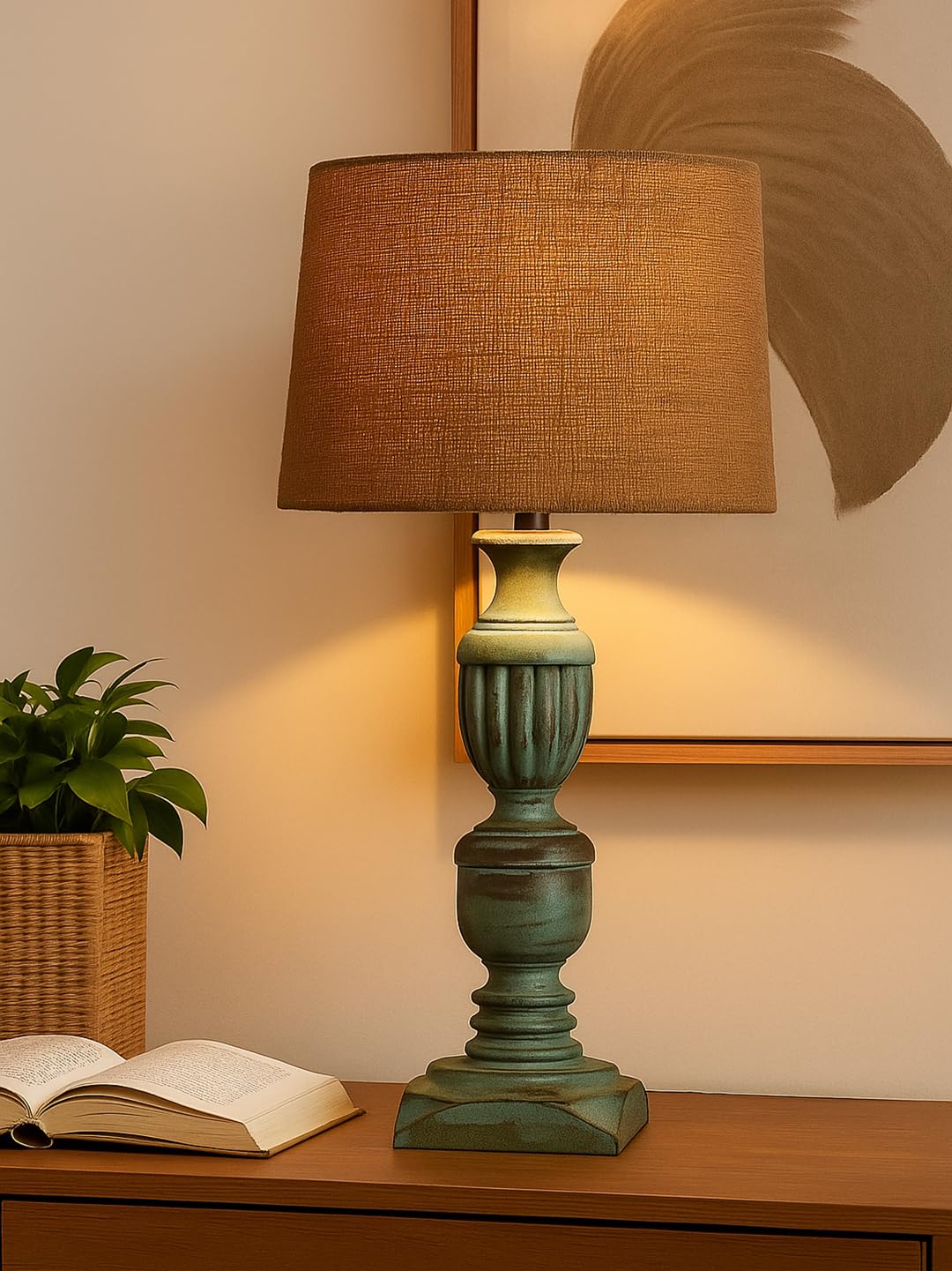 Decorcity Vintage Rustic Wooden Table Lamp for Living Room & Bedroom | Handcrafted Teal Distressed Base with Fabric Drum Shade | Bedside Nightstand Lamp for Home Décor (Jute)