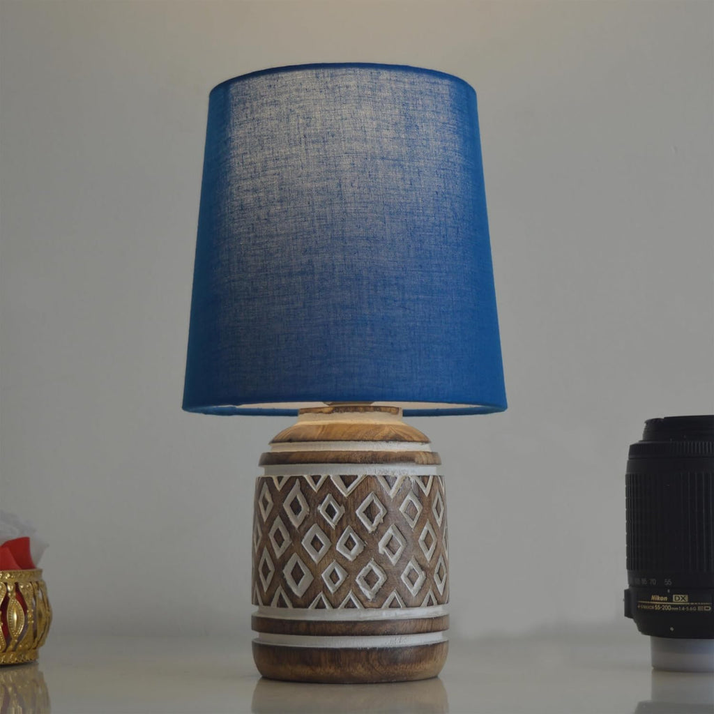 Antique Carved Cylinder Wood Table Lamp with Linen Wooden Nightstand Lamp Kids Table Lamp for Bedroom Kids Bedside Cartoon Nursery Lamp Lampshade for Girls Boys Living Room Blue