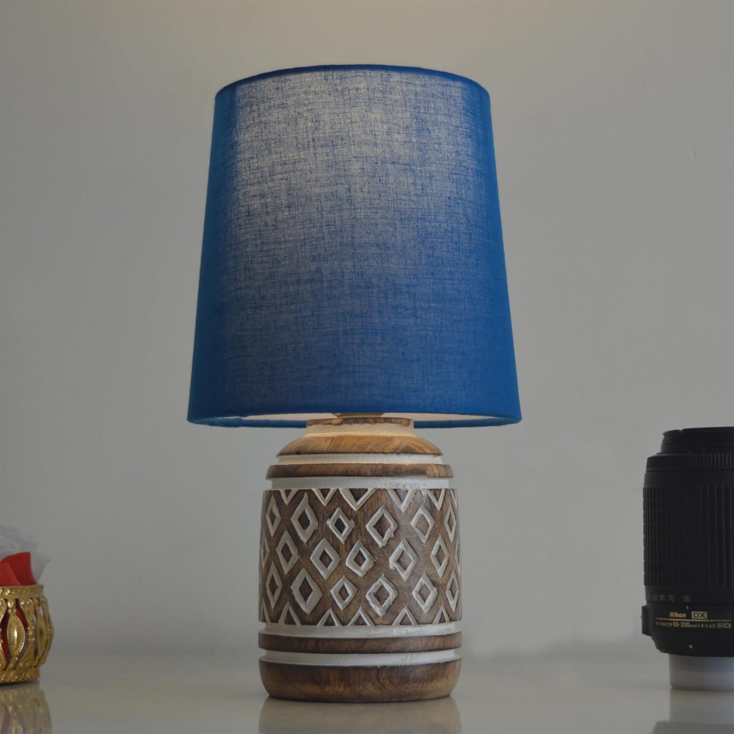 Antique Carved Cylinder Wood Table Lamp with Linen Wooden Nightstand Lamp Kids Table Lamp for Bedroom Kids Bedside Cartoon Nursery Lamp Lampshade for Girls Boys Living Room Blue