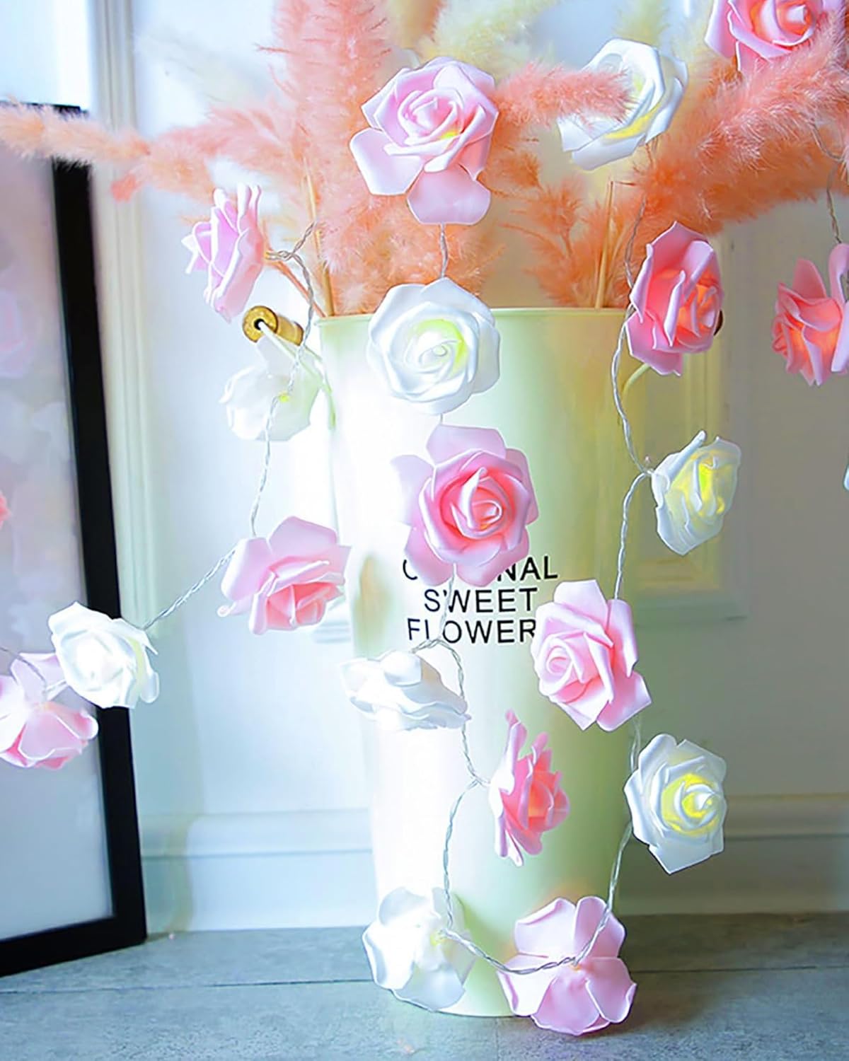 Rose Flower String Lights, 14 LED Electric Operated Romantic Rose Lights, 13Ft Artificial Flowers Garland Led Lights for Valentine's Day Wedding Indoor Outdoor Festival Party Decor White Pink