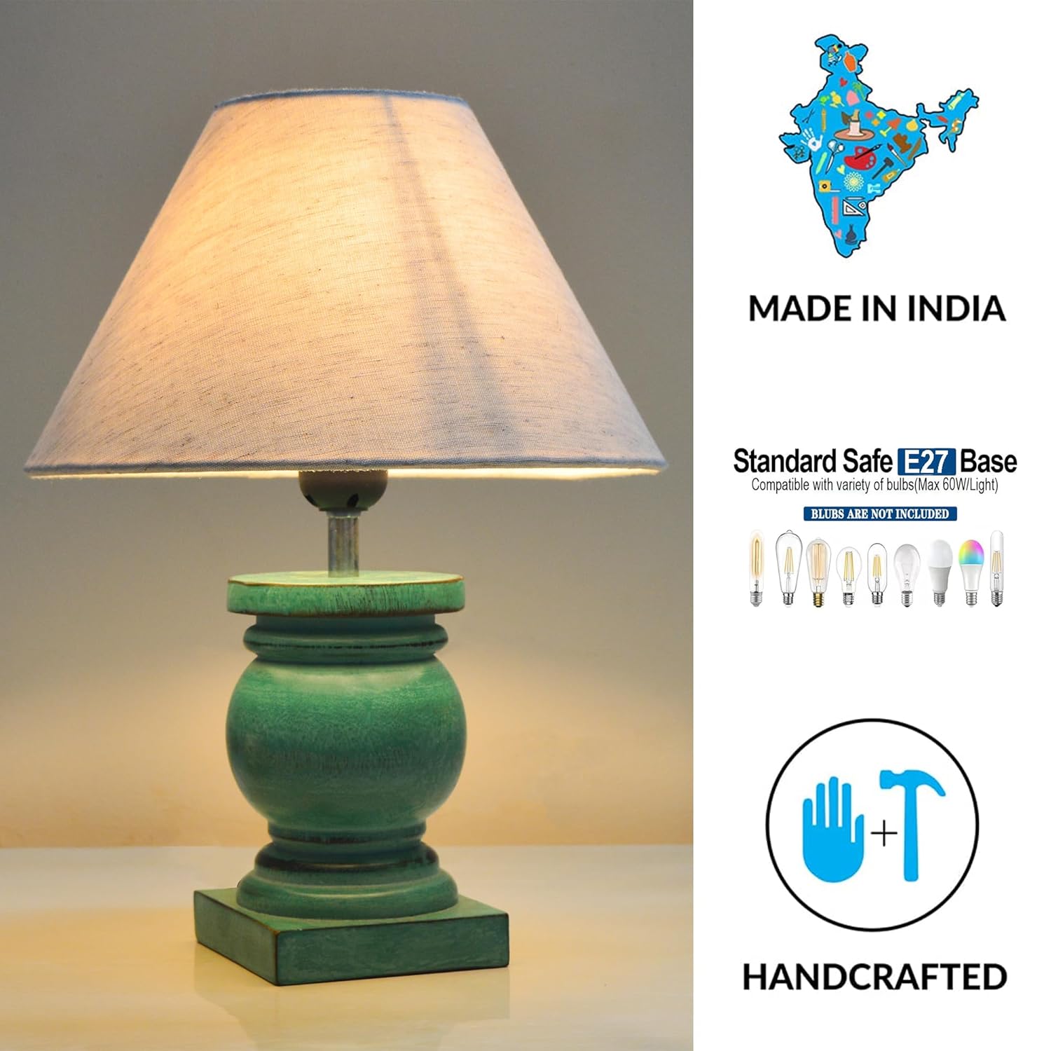 Antique Algae French Trophy Table Lamp for Bedroom Living Room Simple Retro Wood Grain Farmhouse Bedside Lamp Suitable for Nightstand Children's Room or University Dormitory Khadi