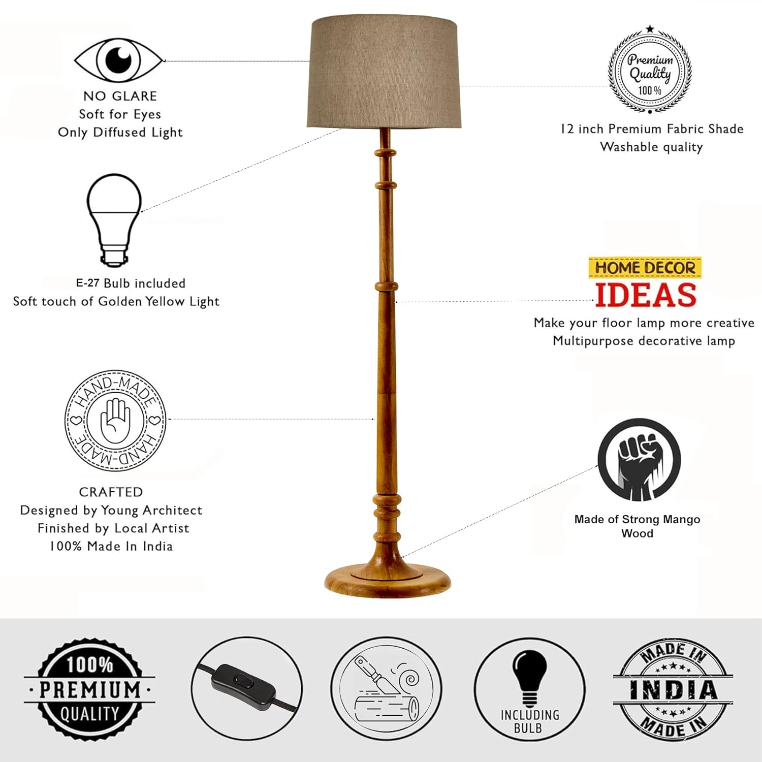 Decorcity | Rustic Walnut Brown Wood Floor Lamp | Antique-Style Base with Multicolor Fabric Shade | Tall Standing Light for Bedroom, Living Room, or Corner (Tulib Jute)