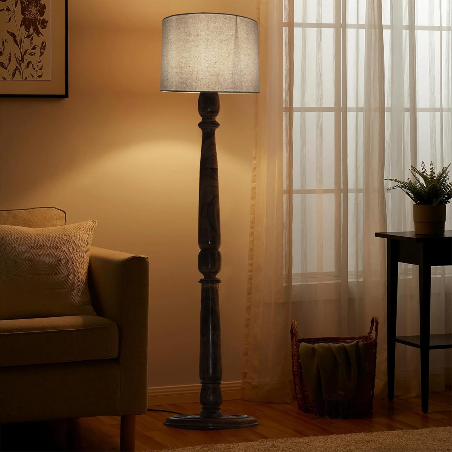 Classic Chic Vintage Stand Floor Lamp with Multicolor Taper Lamp Shade | Light Decoration for Home | Living Room & Bedroom Bedside Floor Lamp | Wooden Floor Lamp Round Rim Jute