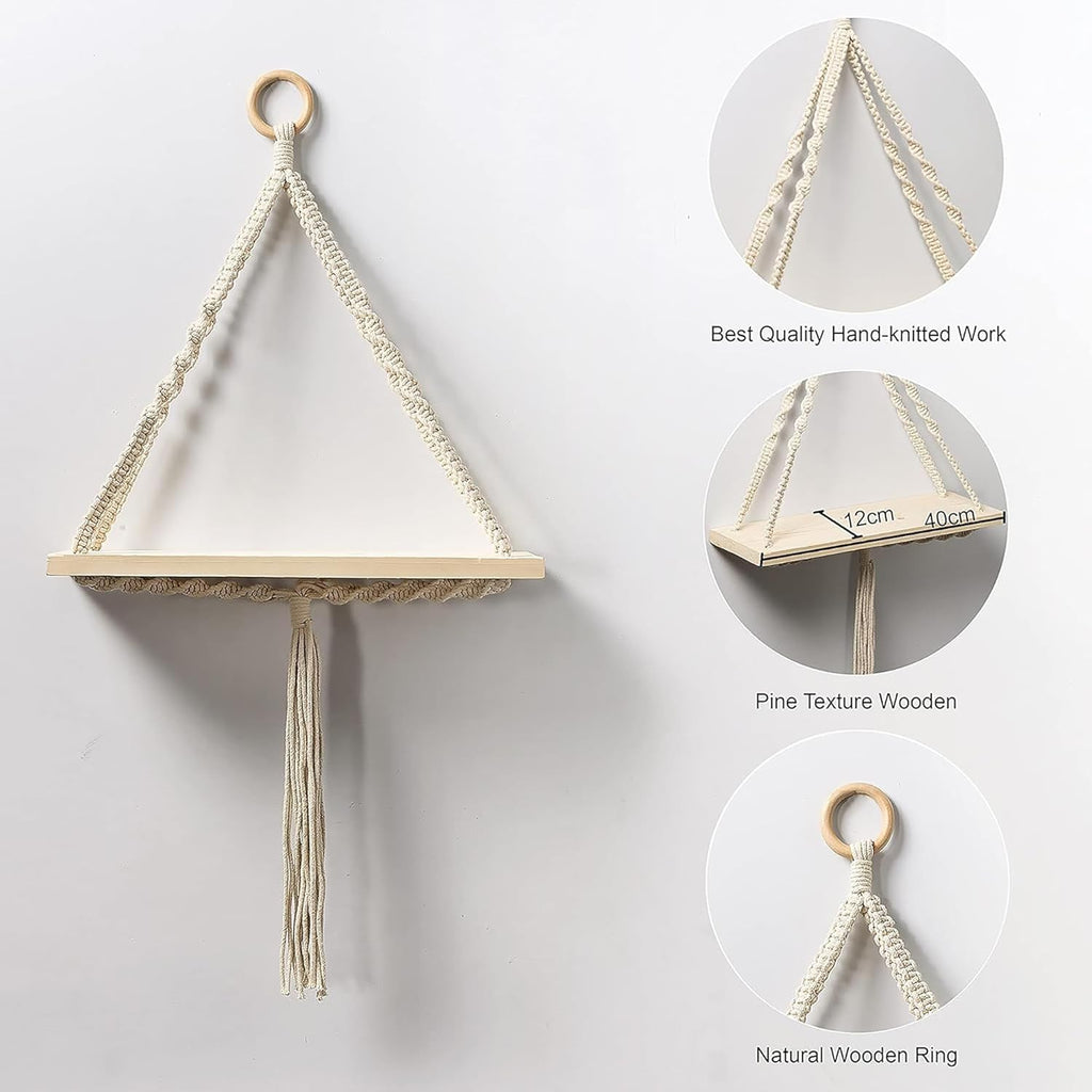 Macrame Wall Hanging Shelf, Wood Floating Shelves Boho Wall Decor, Adjustable Rustic Plant Storage Rack Holder with Tassels Room Decor for Bedroom Lving Room Nursery Tringle