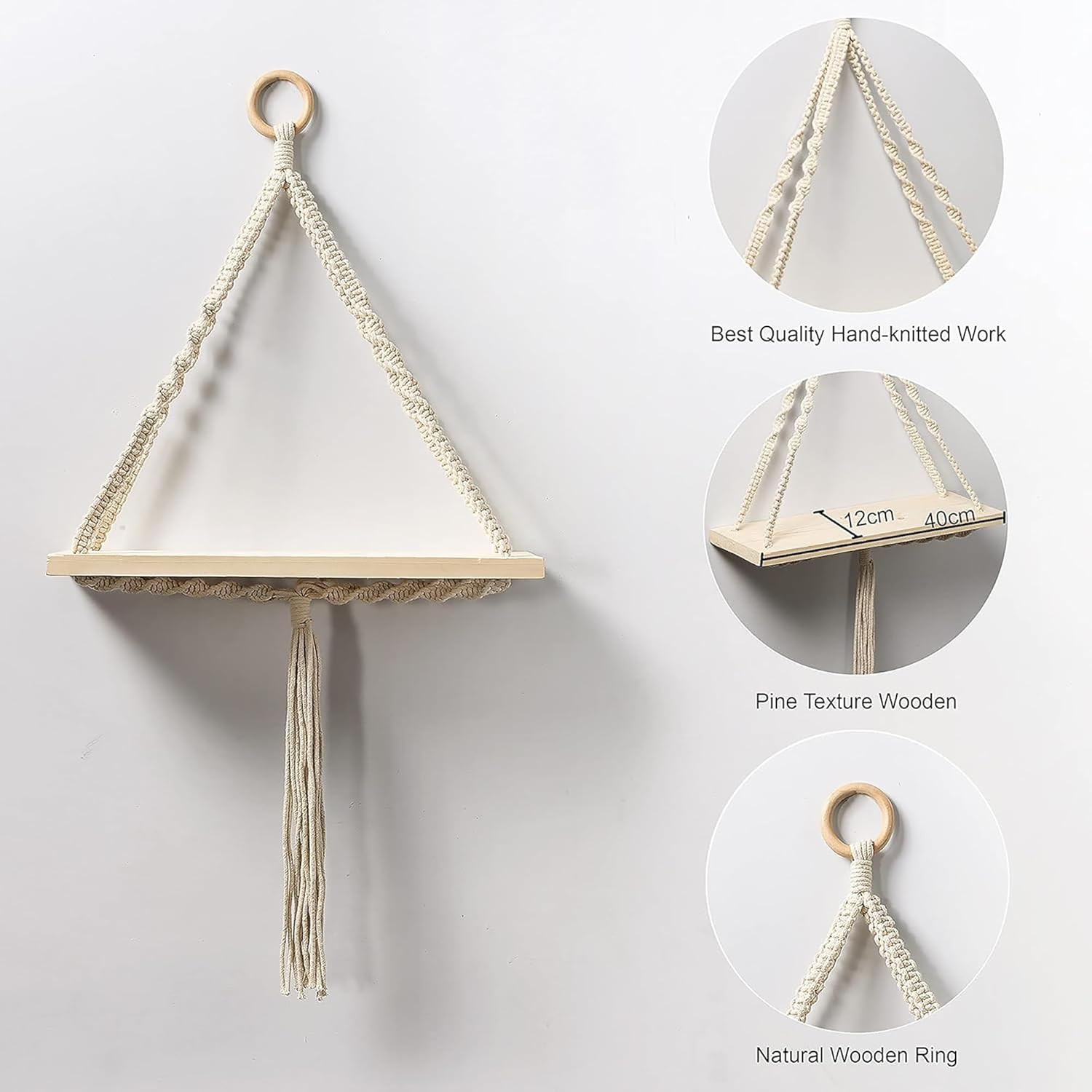 Macrame Wall Hanging Shelf, Wood Floating Shelves Boho Wall Decor, Adjustable Rustic Plant Storage Rack Holder with Tassels Room Decor for Bedroom Lving Room Nursery Tringle