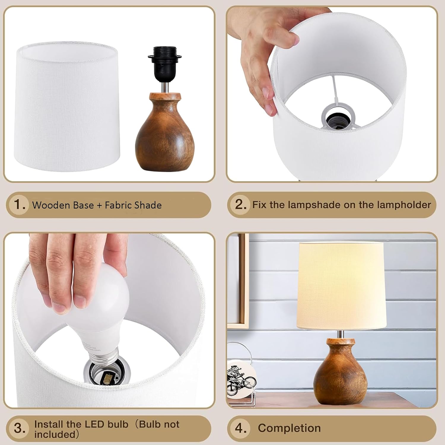 Mini Farmhouse Wooden Dome Dowel Pot Table Lamps Vintage Small Lamps Decorative for Small Spaces Bedside Lamps Suitable for Nightstand Children's Room or University Dormitory White