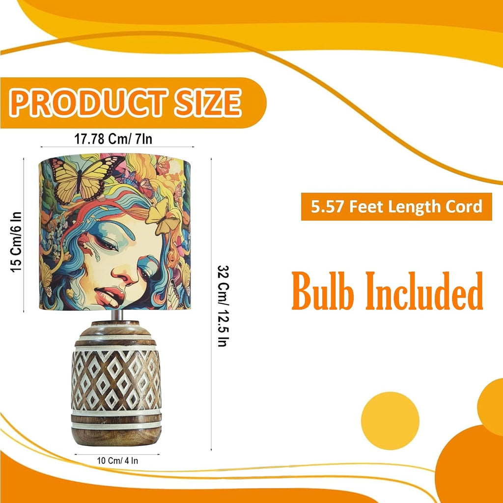 Antique Carved Cylinder Wood Table Lamp Wooden Nightstand Lamp Kids Table Lamp for Bedroom Kids Bedside Cartoon Nursery Lamp with Shade Butterflies