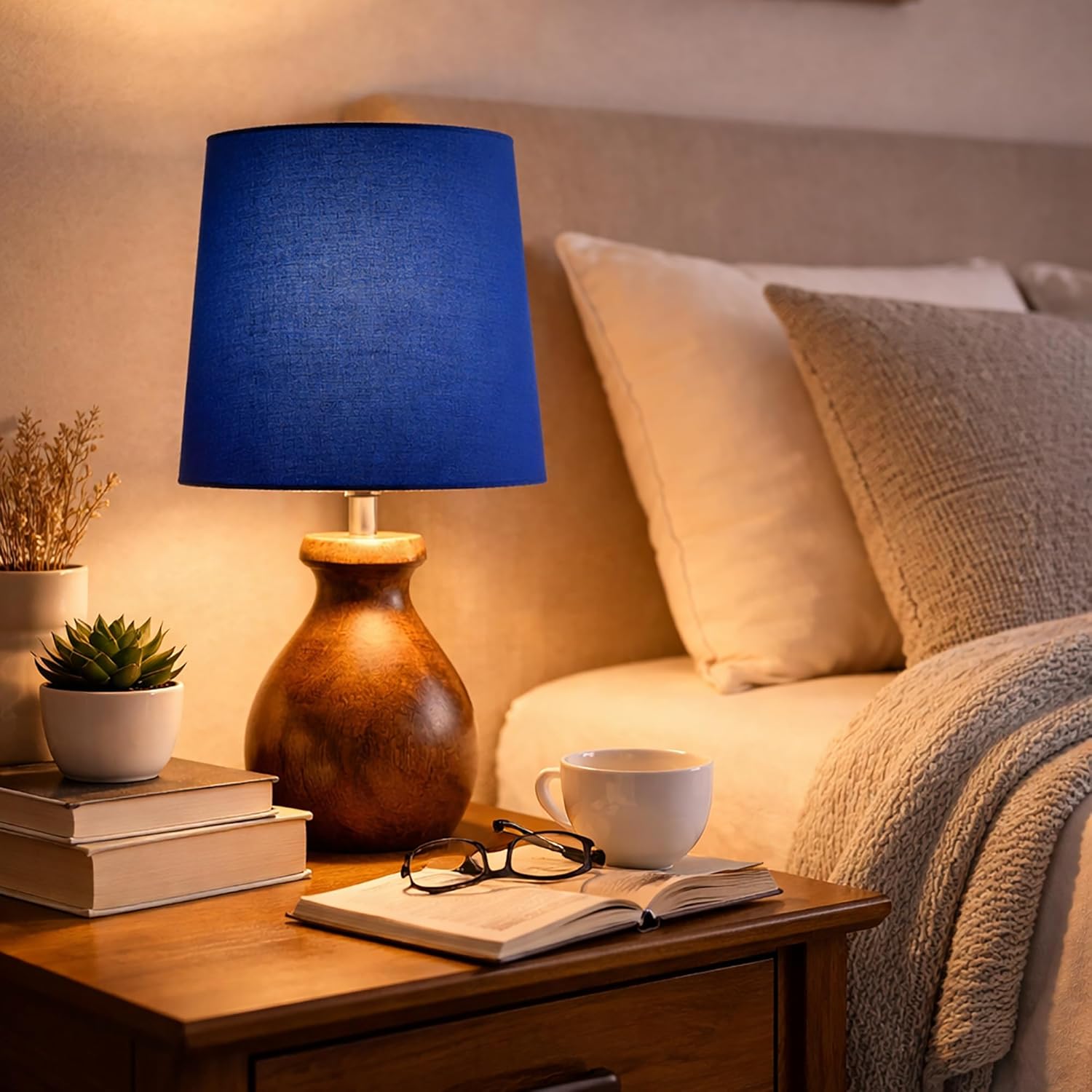 Mini Farmhouse Wooden Dome Dowel Pot Table Lamps Vintage Small Lamps Decorative for Small Spaces Bedside Lamps Suitable for Nightstand Children's Room or University Dormitory Blue