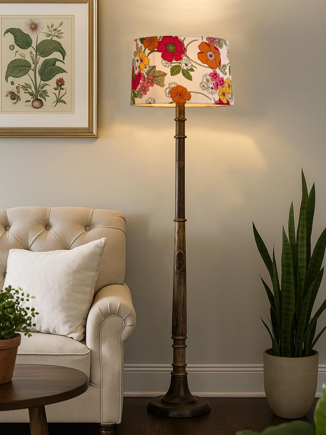 Decorcity Rustic Walnut Brown Wood Floor Lamp with Multicolor Fabric Shade Antique Style Bedside, Living Room, Bedroom, Corner, Light Décor (Tulib Gazania Sunshine)