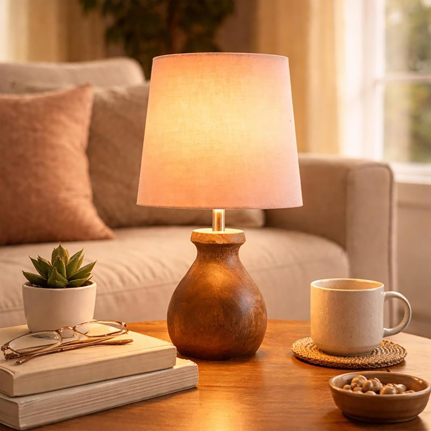 Mini Farmhouse Wooden Dome Dowel Pot Table Lamps Vintage Small Lamps Decorative for Small Spaces Bedside Lamps Suitable for Nightstand Children's Room or University Dormitory Pink