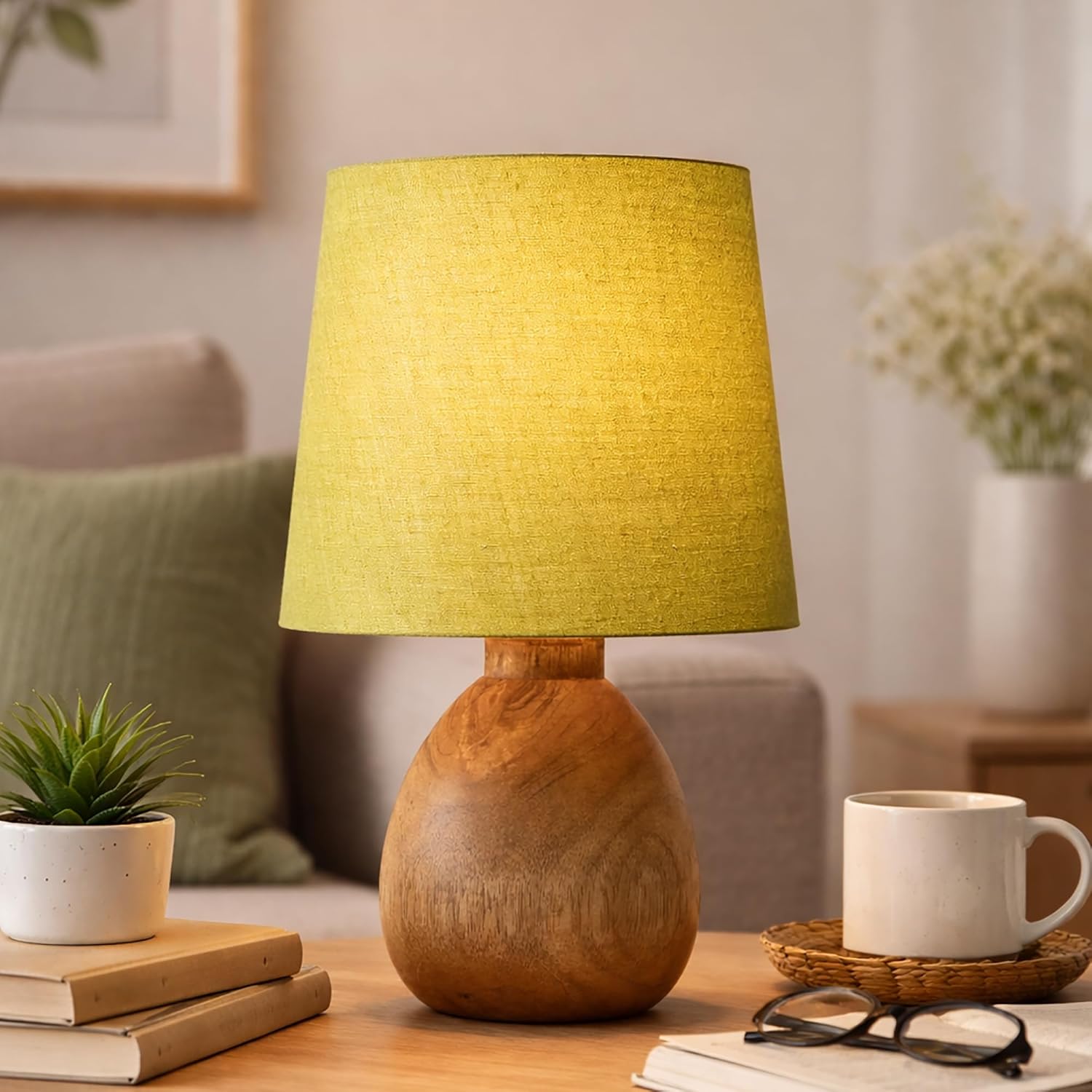Cute Dowel Pot Wooden Table Lamp for Bedroom, Small Table Lamp Farmhouse Rustic Lamp Set Bedside Table Lamps for Nightstand Side Table Lamps for Living Room for Bedroom, Home Office, Living Room, Kids Dorm Green