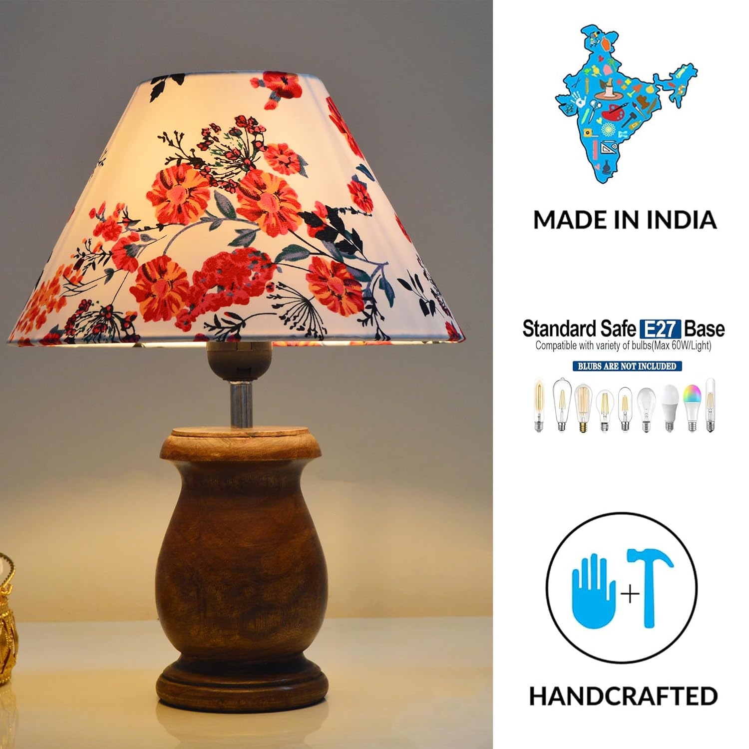 Mid Century Single Table Lamp for Living Room Farmhouse Linen Bedside Lamps for Bedroom Kids Room Dorm Office Dowel Walnut Marigold