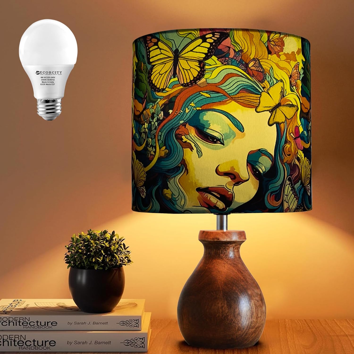 Mini Farmhouse Wooden Dome Dowel Pot Table Lamps Vintage Small Lamps Decorative for Small Spaces Bedside Lamps Suitable for Nightstand Children's Room or University Dormitory Butterflies