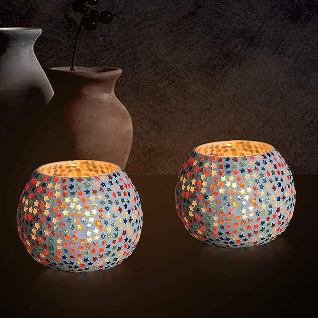 Handmade Multi-Star Mosaic Glass Tealight Candle Holders Set of 2 for Home Décor | Decorative Diwali Lights | Festive Table Centerpiece for Christmas & New Year