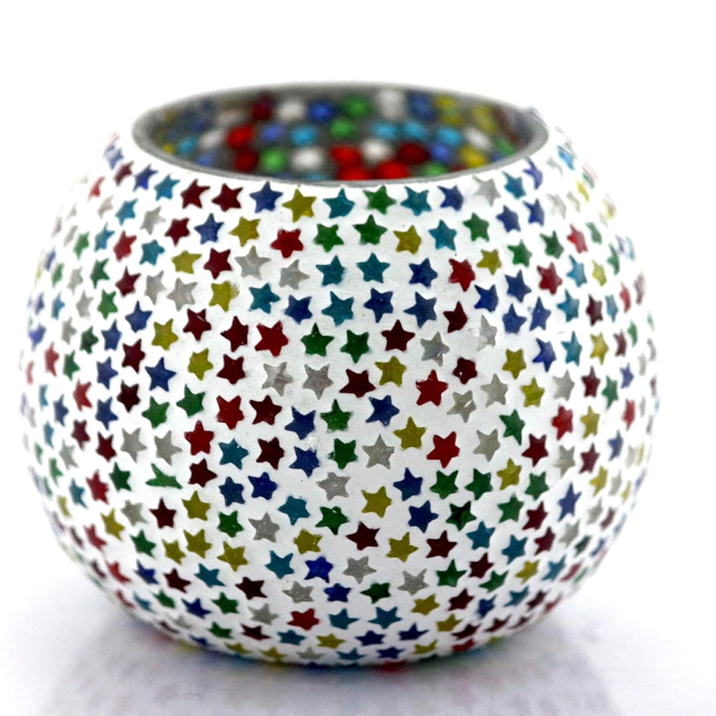 Handmade Multi-Star Mosaic Glass Tealight Candle Holders Set of 2 for Home Décor | Decorative Diwali Lights | Festive Table Centerpiece for Christmas & New Year