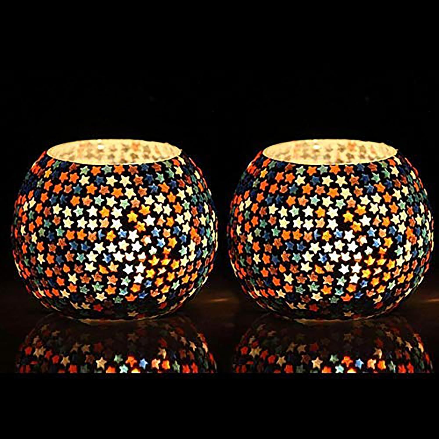 Handmade Multi-Star Mosaic Glass Tealight Candle Holders Set of 2 for Home Décor | Decorative Diwali Lights | Festive Table Centerpiece for Christmas & New Year