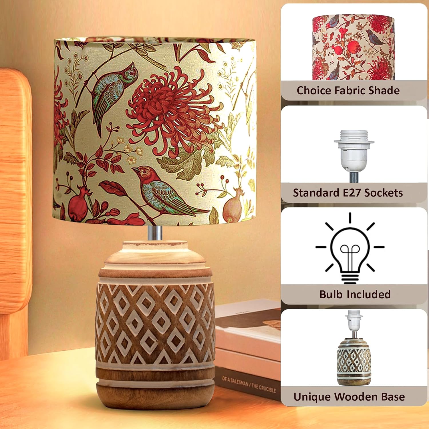 Antique Carved Cylinder Wood Table Lamp Wooden Nightstand Lamp Kids Table Lamp for Bedroom Kids Bedside Cartoon Nursery Lamp with Shade Bird