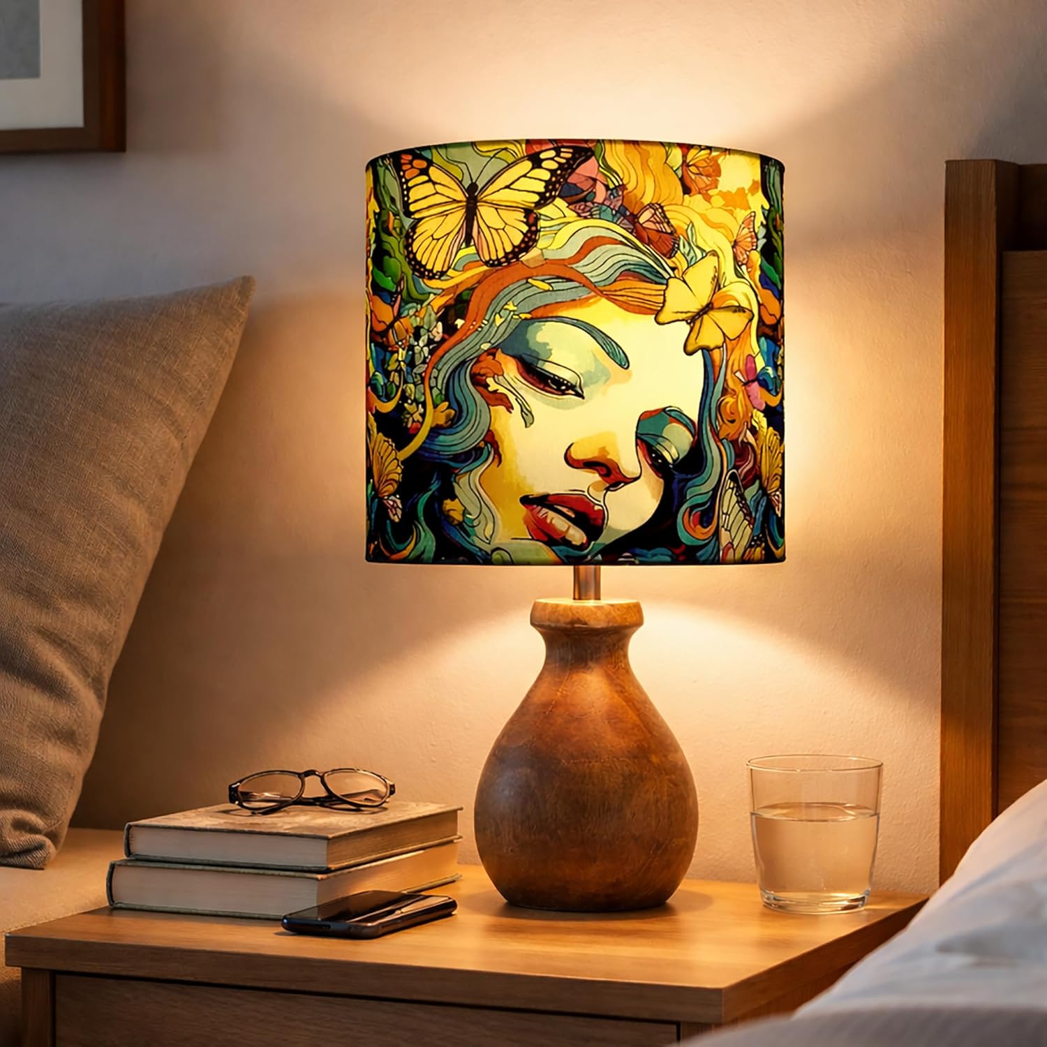 Mini Farmhouse Wooden Dome Dowel Pot Table Lamps Vintage Small Lamps Decorative for Small Spaces Bedside Lamps Suitable for Nightstand Children's Room or University Dormitory Butterflies