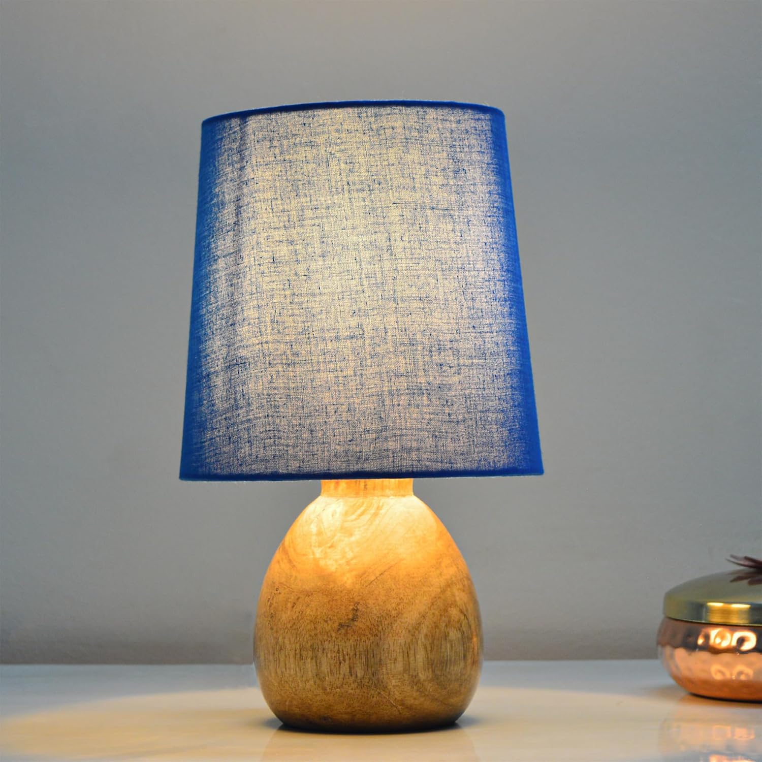 Cute Dowel Pot Wooden Table Lamp for Bedroom, Small Table Lamp Farmhouse Rustic Lamp Set Bedside Table Lamps for Nightstand Side Table Lamps for Living Room for Bedroom, Home Office, Living Room, Kids Dorm Blue