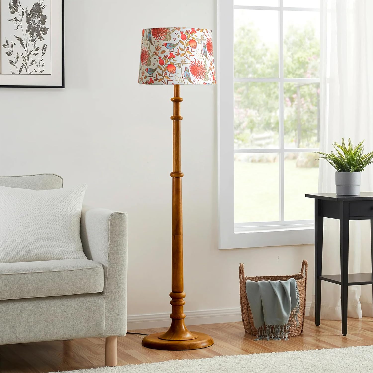 Decorcity Rustic Walnut Brown Wood Floor Lamp with Multicolor Fabric Shade | Antique Candlestick Tripod Design | Tall Standing Lamp for Bedroom Living Room Study Corner Home Decor (Tulib Palm Bird)