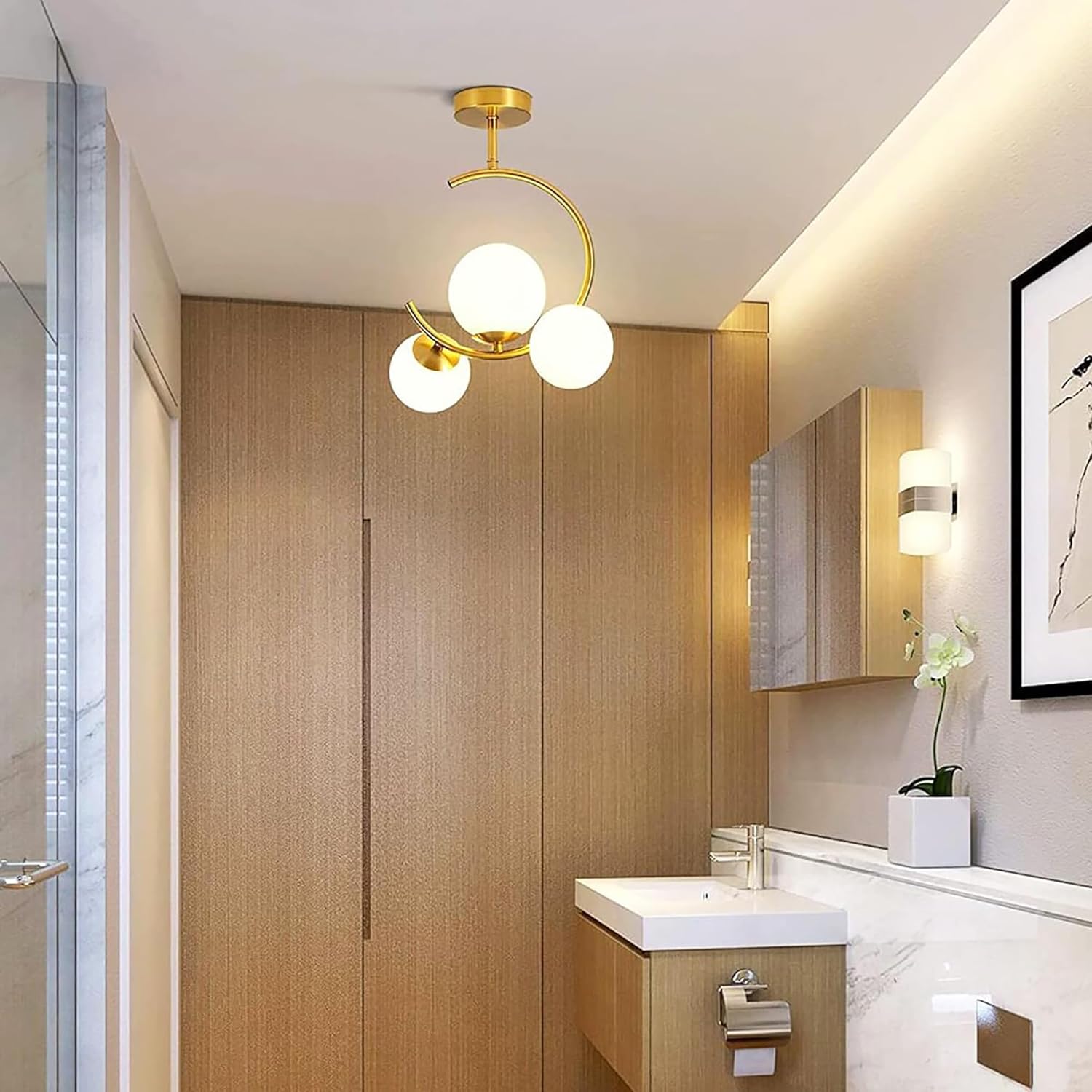 Modern Mini Chandelier Lamp, Crystal Ceiling Light, Semi-Flush Mount Corridor Lights Lamp for Bedroom White