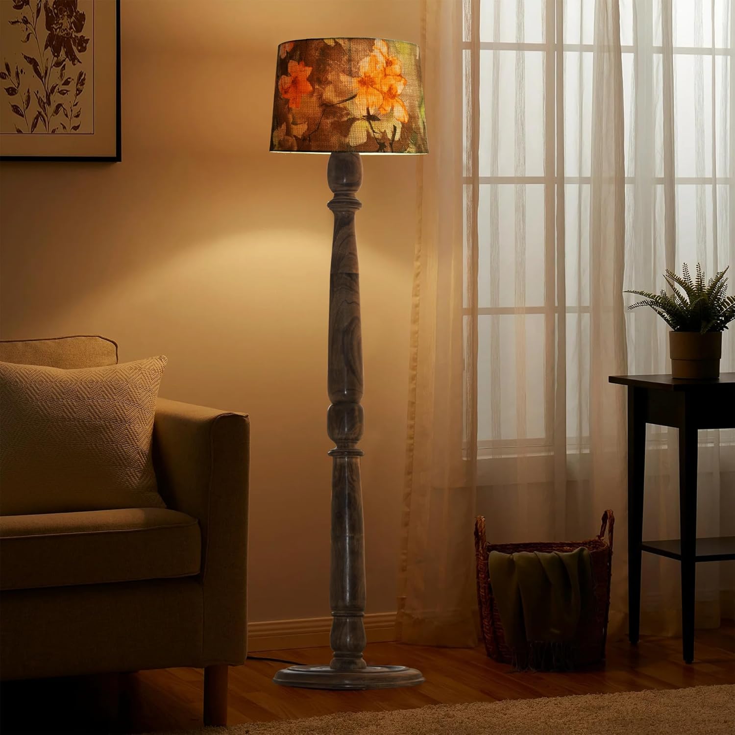 Classic Chic Vintage Stand Floor Lamp with Multicolor Taper Lamp Shade | Light Decoration for Home | Living Room & Bedroom Bedside Floor Lamp | Wooden Floor Lamp Round Rim wild meadow
