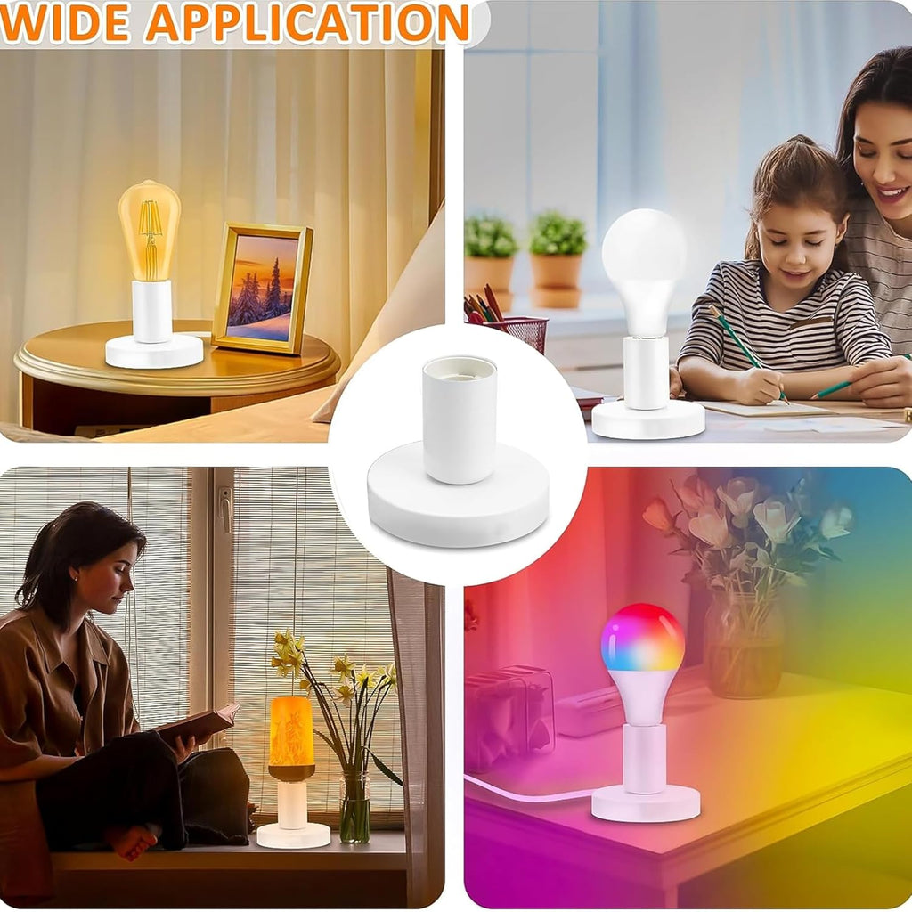 Polished Metal Desktop Lamp Base E26 E27 Screw Light Bulb Holder Base Light Sockets Base Light Bulb Base Lamp Replacement Base for Holding Bulb, 6 Feet Cord White Set of 6