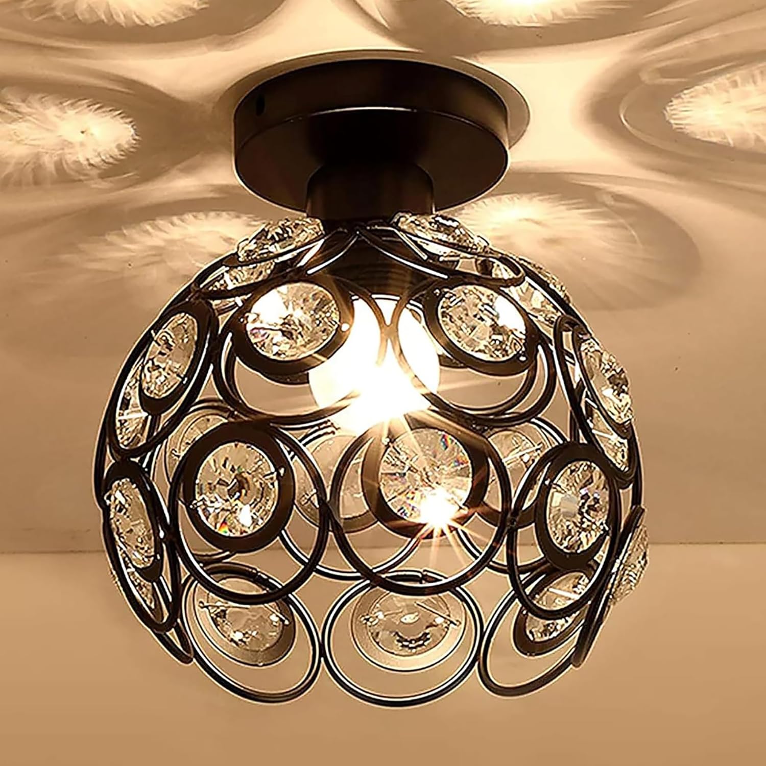 Modern Mini Chandelier Lamp, Crystal Ceiling Light, Semi-Flush Mount Corridor Lights Lamp for Bedroom Black
