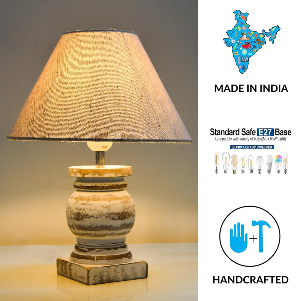 Antique White French Trophy Table Lamp for Bedroom Living Room Simple Retro Wood Grain Farmhouse Bedside Lamp Suitable for Nightstand Children's Room or University Dormitory Jute