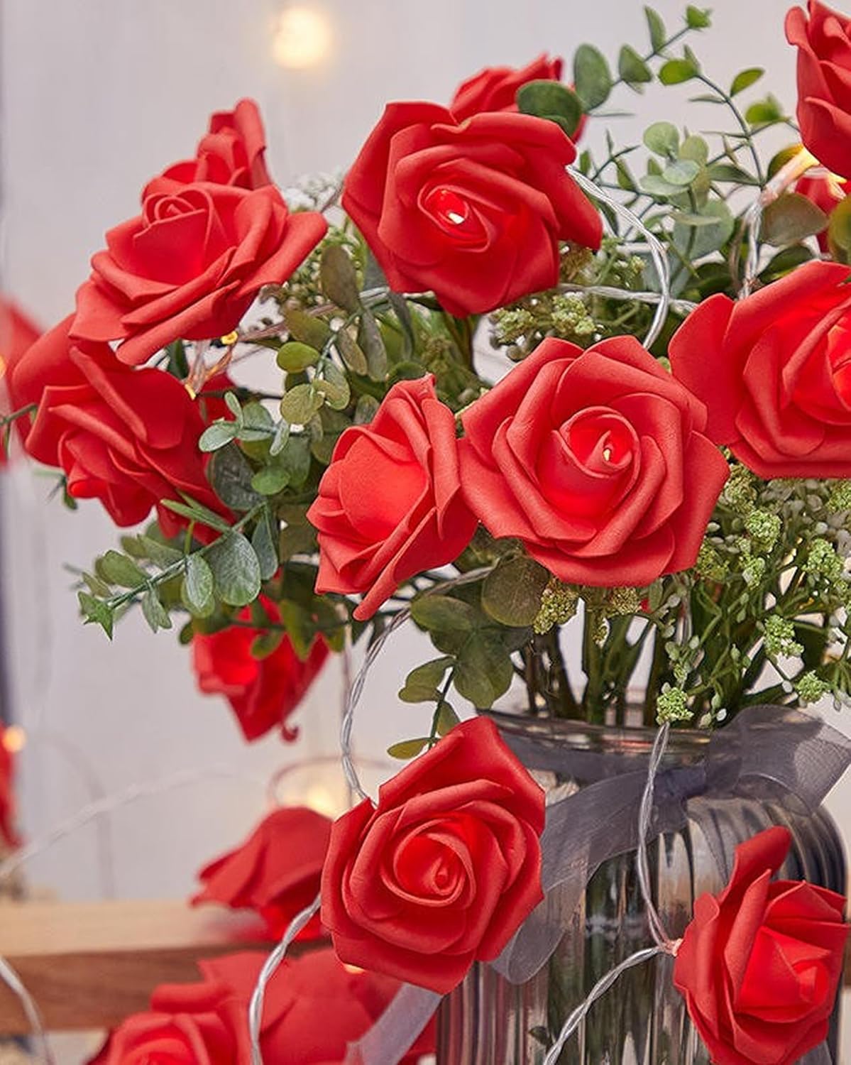 Rose Flower String Lights, 14 LED Electric Operated Romantic Rose Lights, 13Ft Artificial Flowers Garland Led Lights for Valentine's Day Wedding Indoor Outdoor Festival Party Decor Red