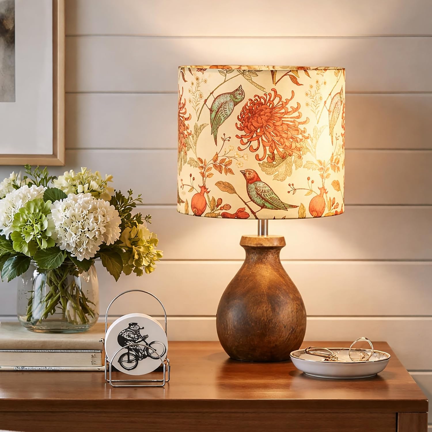 Mini Farmhouse Wooden Dome Dowel Pot Table Lamps Vintage Small Lamps Decorative for Small Spaces Bedside Lamps Suitable for Nightstand Children's Room or University Dormitory Bird