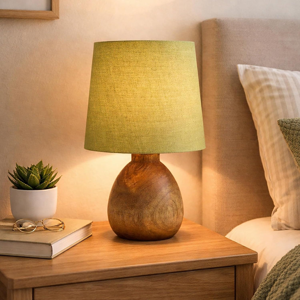 Cute Dowel Pot Wooden Table Lamp for Bedroom, Small Table Lamp Farmhouse Rustic Lamp Set Bedside Table Lamps for Nightstand Side Table Lamps for Living Room for Bedroom, Home Office, Living Room, Kids Dorm Green