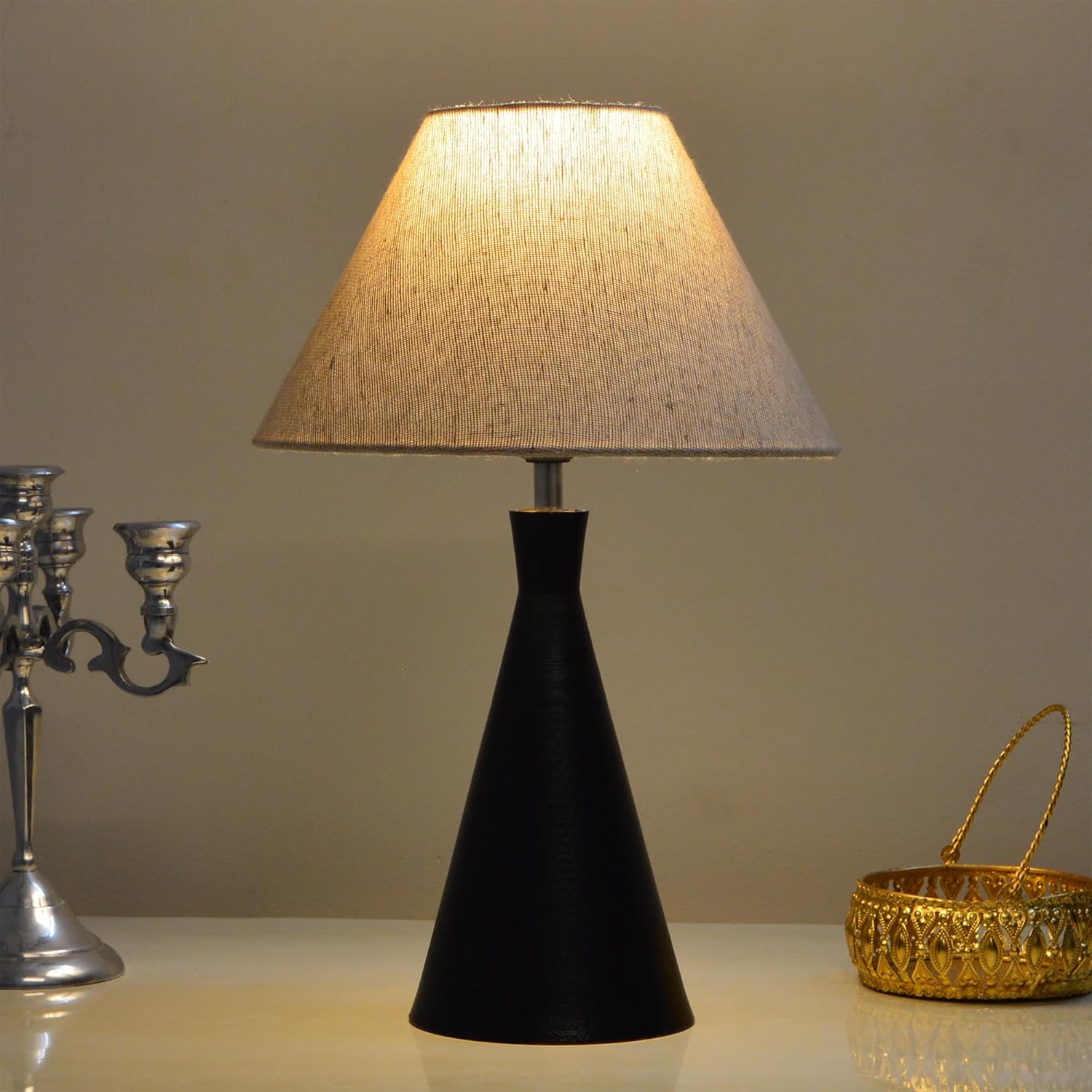 Black Metal Cone Table Lamp with ShadeTable Lamp for Home Decoration | 'Intriguingly Goth' Handcrafted Table Lamp for Living Room Bedroom, Entertainment Room, Office, Kitchen, Dining Jute