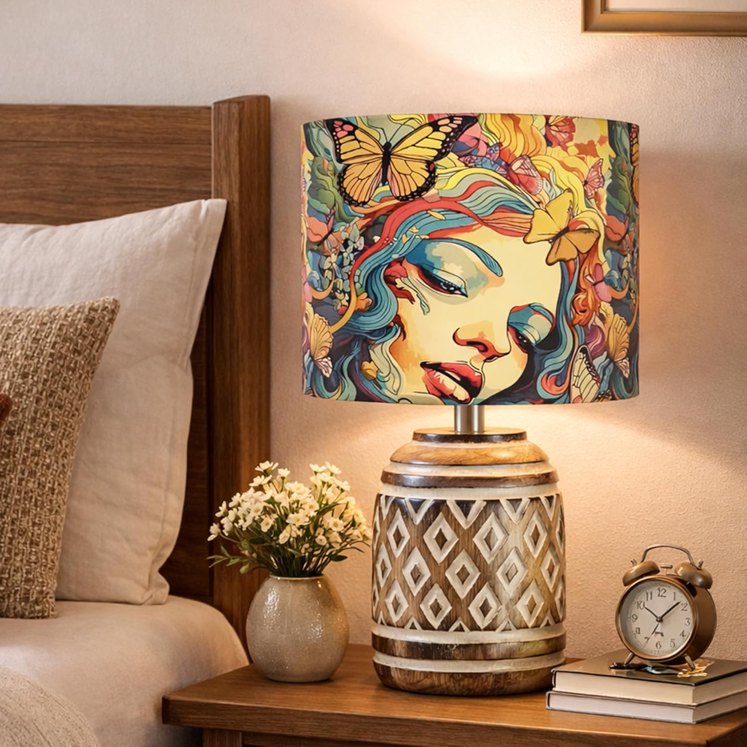 Antique Carved Cylinder Wood Table Lamp Wooden Nightstand Lamp Kids Table Lamp for Bedroom Kids Bedside Cartoon Nursery Lamp with Shade Butterflies