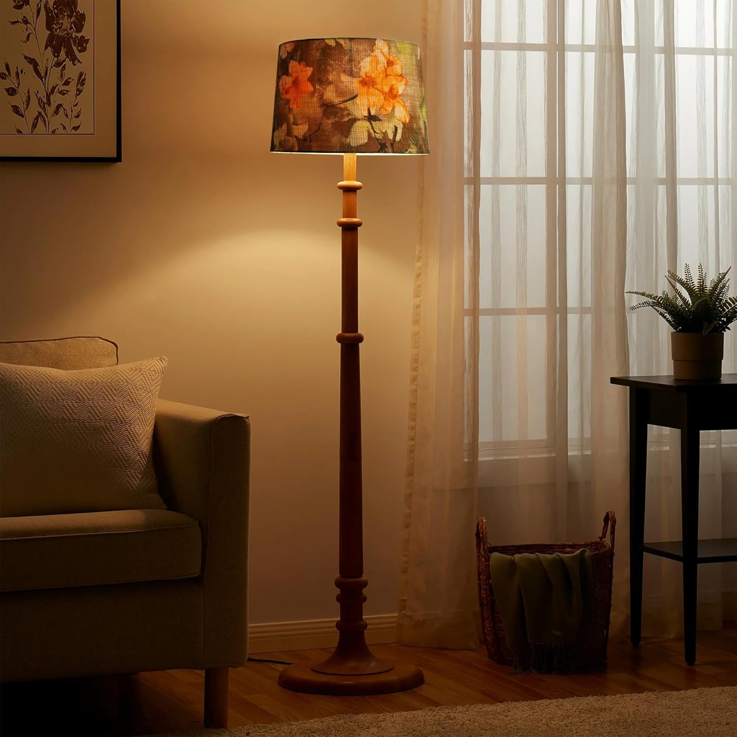 Decorcity Rustic Wood Floor LED Lamp in Walnut Brown,Multicolor Fabric Shade,Light Decoration,Home Corner, Living Room & Bedroom Bedside Floor Lamp, Antique Floor Light, Dome Base (Tulib Wild Meadow)