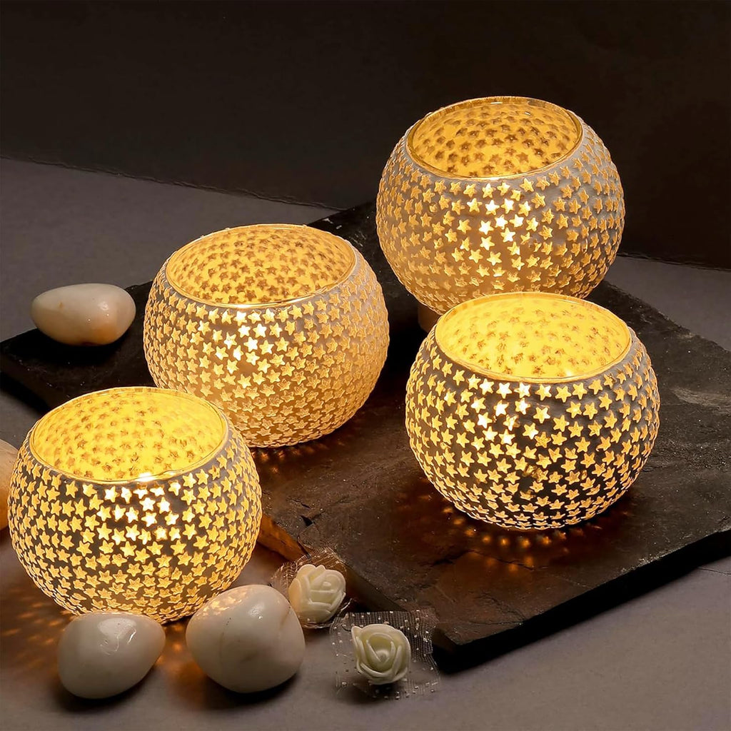 Set of 2 Moroccan Glass White Mosaic Tealight Candle Holder Mosaic Candle Holder, Diwali Candle Holder, tealight Holder, Candle Included Diwali Gift, Best Gift for Diwali, Diwali Decoration.