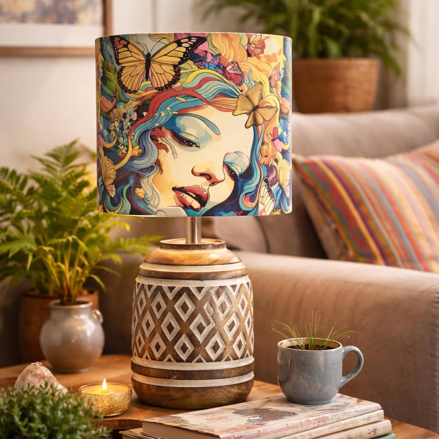 Antique Carved Cylinder Wood Table Lamp Wooden Nightstand Lamp Kids Table Lamp for Bedroom Kids Bedside Cartoon Nursery Lamp with Shade Butterflies