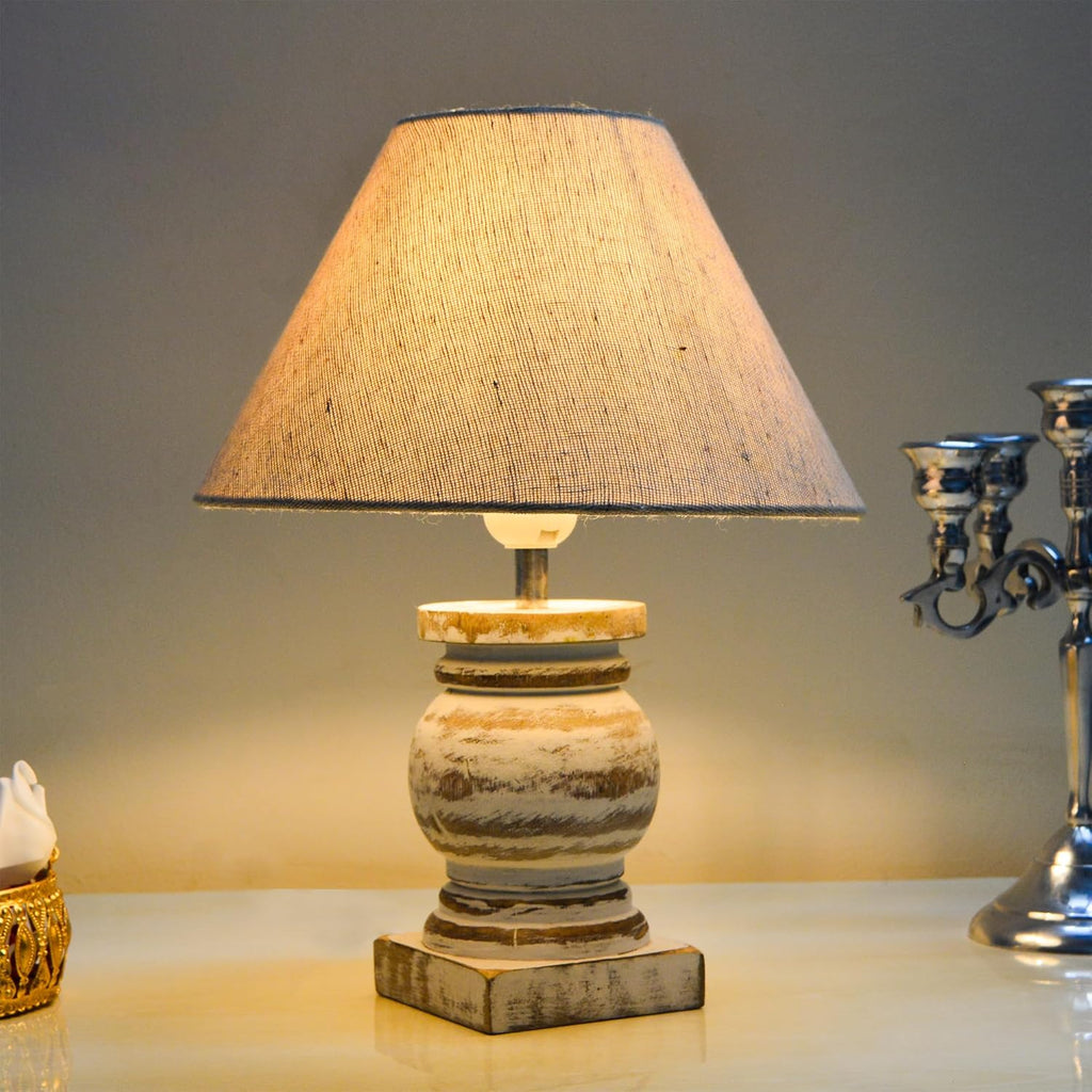 Antique White French Trophy Table Lamp for Bedroom Living Room Simple Retro Wood Grain Farmhouse Bedside Lamp Suitable for Nightstand Children's Room or University Dormitory Jute