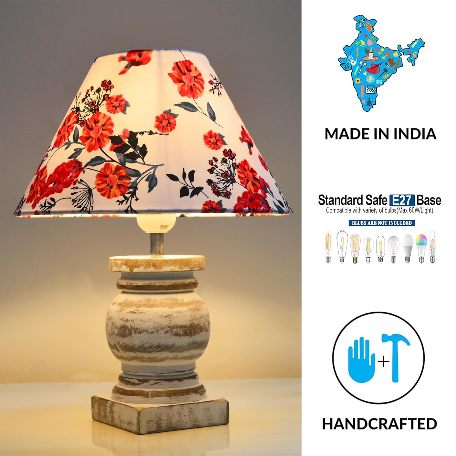 Antique White French Trophy Table Lamp for Bedroom Living Room Simple Retro Wood Grain Farmhouse Bedside Lamp Suitable for Nightstand Children's Room or University Dormitory Marigold