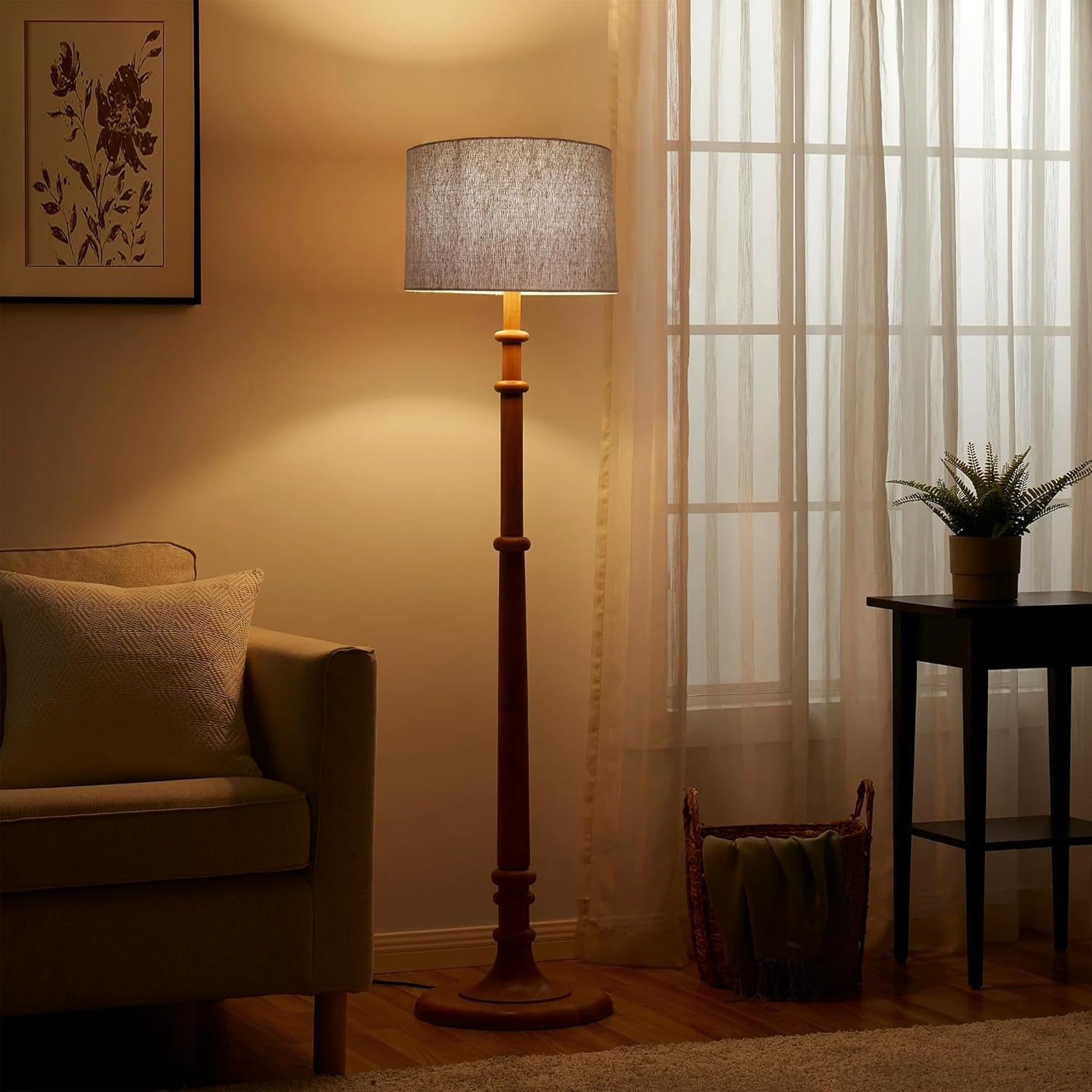 Classic Chic Vintage Stand Floor Lamp with Multicolor Taper Lamp Shade | Light Decoration for Home | Living Room & Bedroom Bedside Floor Lamp | Wooden Floor Lamp Tulib Jute