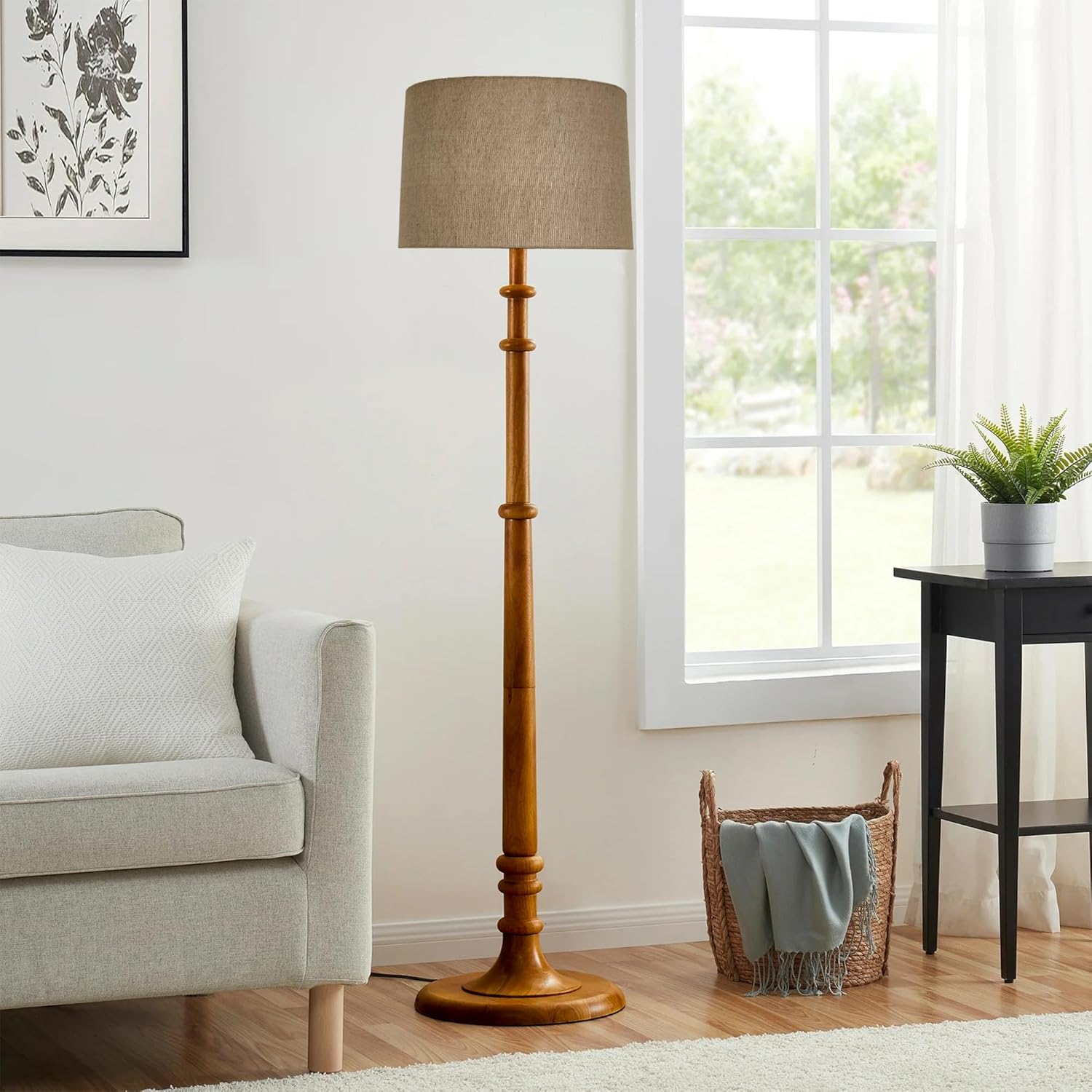 Classic Chic Vintage Stand Floor Lamp with Multicolor Taper Lamp Shade | Light Decoration for Home | Living Room & Bedroom Bedside Floor Lamp | Wooden Floor Lamp Tulib Jute