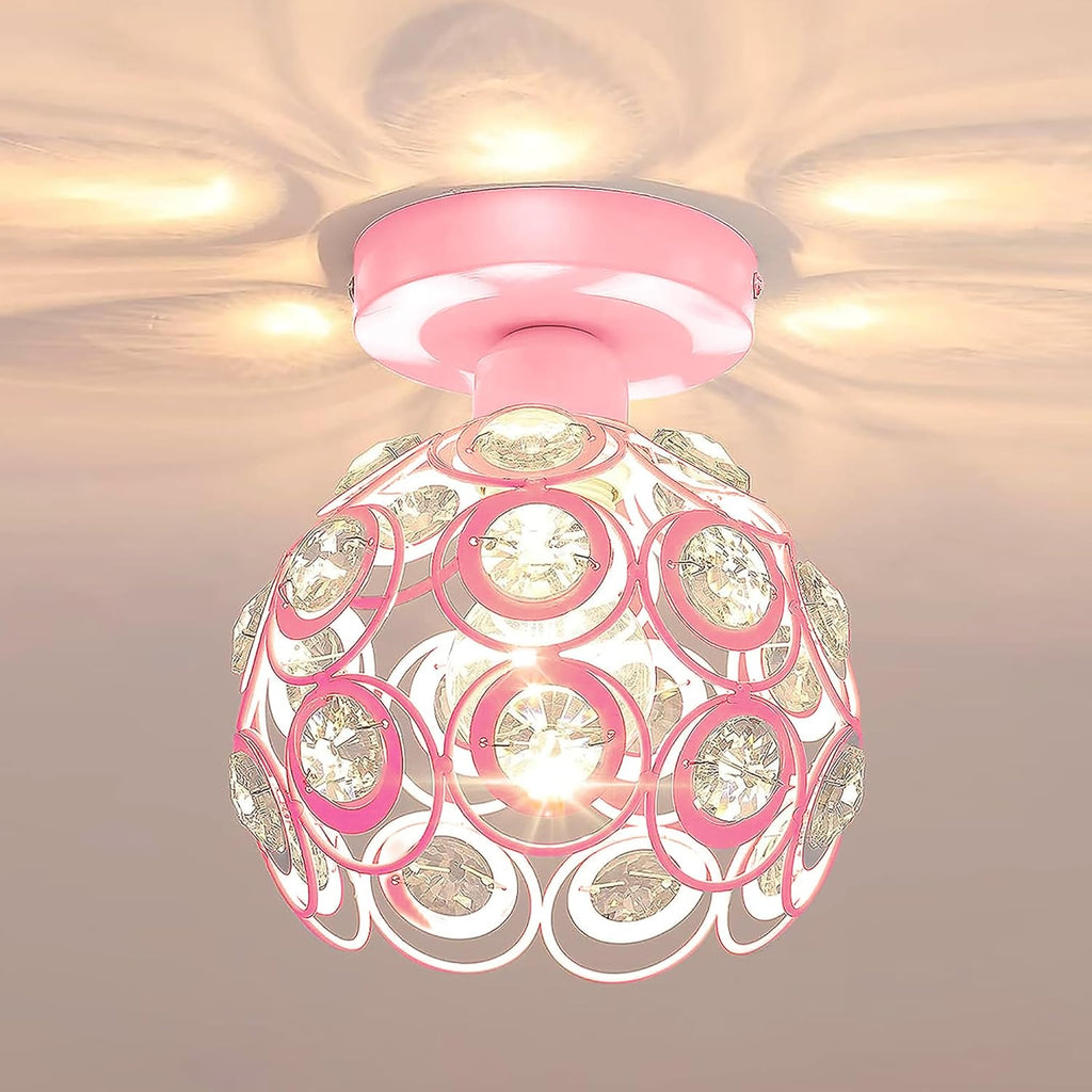 Modern Mini Chandelier Lamp, Crystal Ceiling Light, Semi-Flush Mount Corridor Lights Lamp for Bedroom Baby pink