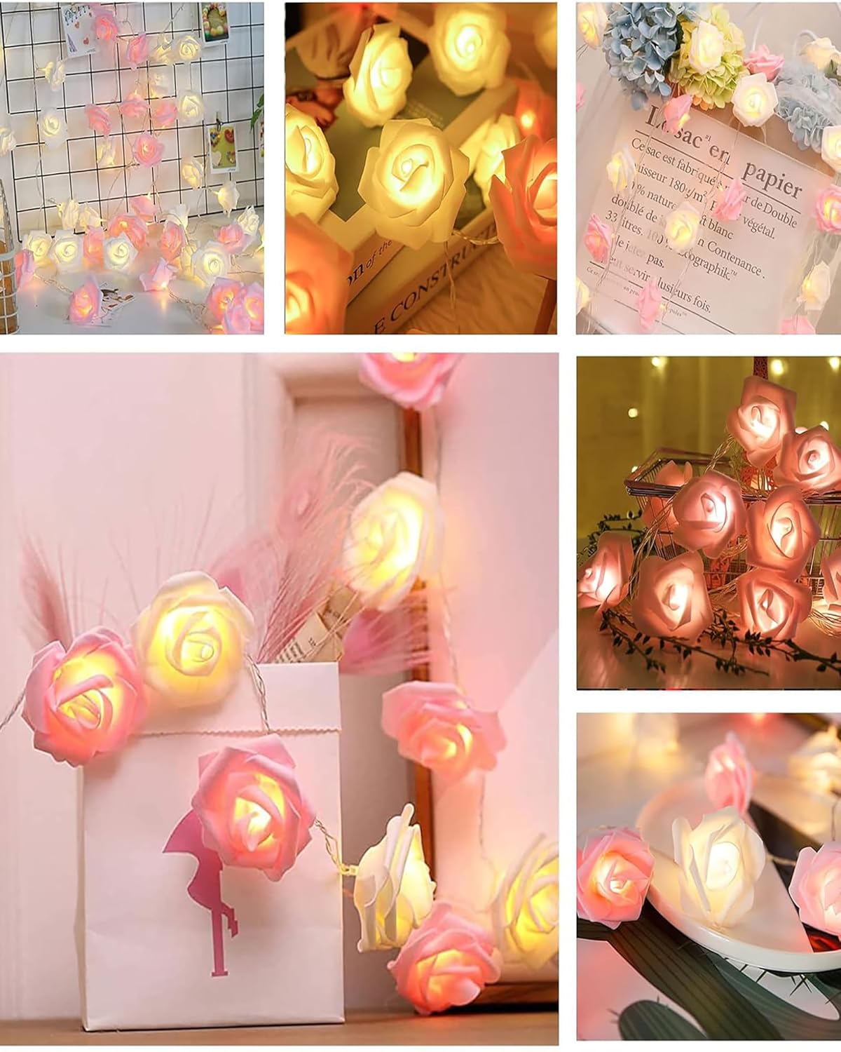 Rose Flower String Lights, 14 LED Electric Operated Romantic Rose Lights, 13Ft Artificial Flowers Garland Led Lights for Valentine's Day Wedding Indoor Outdoor Festival Party Decor White Pink