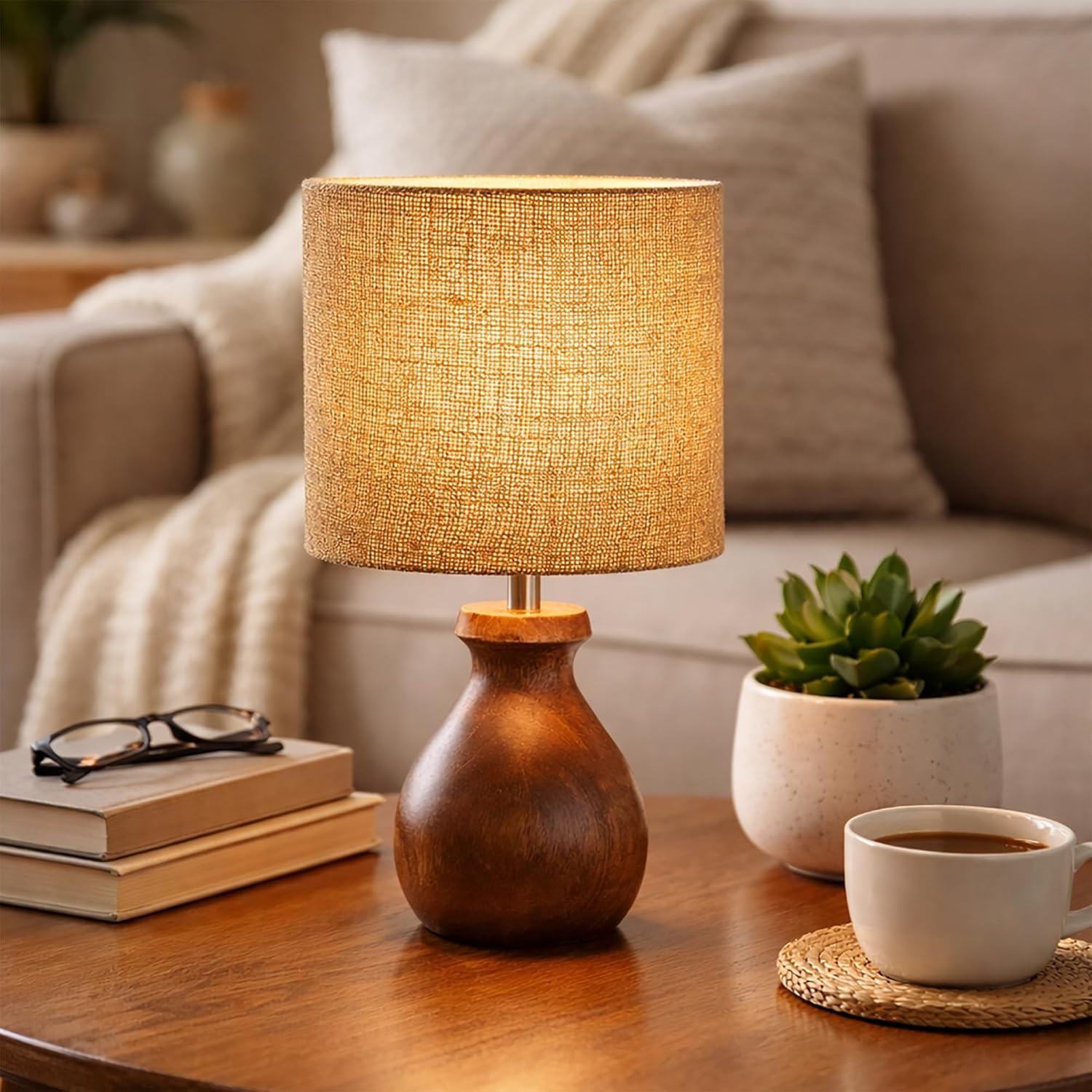 Mini Farmhouse Wooden Dome Dowel Pot Table Lamps Vintage Small Lamps Decorative for Small Spaces Bedside Lamps Suitable for Nightstand Children's Room or University Dormitory Jute